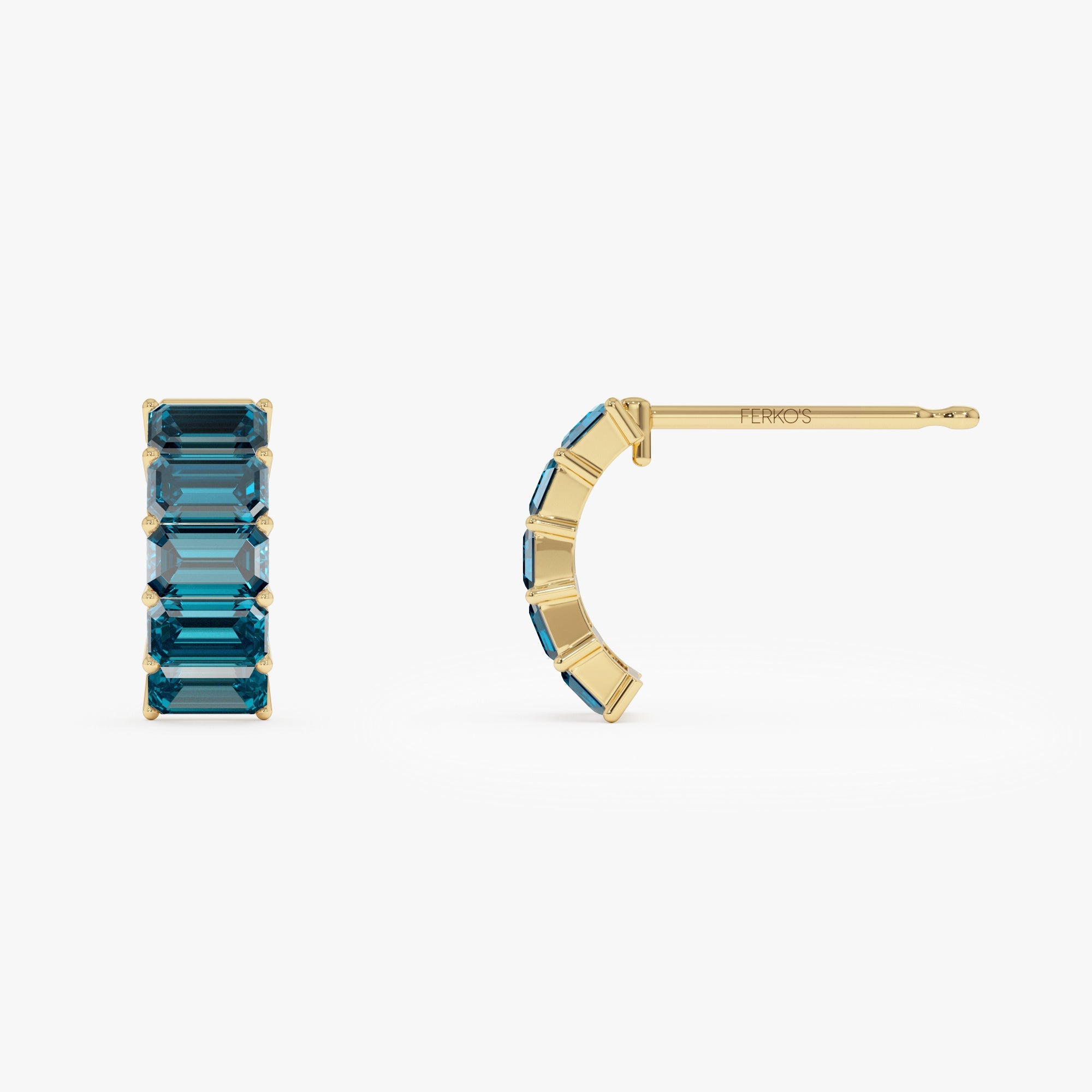 OBFJ0804 - 14K Emerald Cut London Blue Topaz  Half Hoop Earrings 7