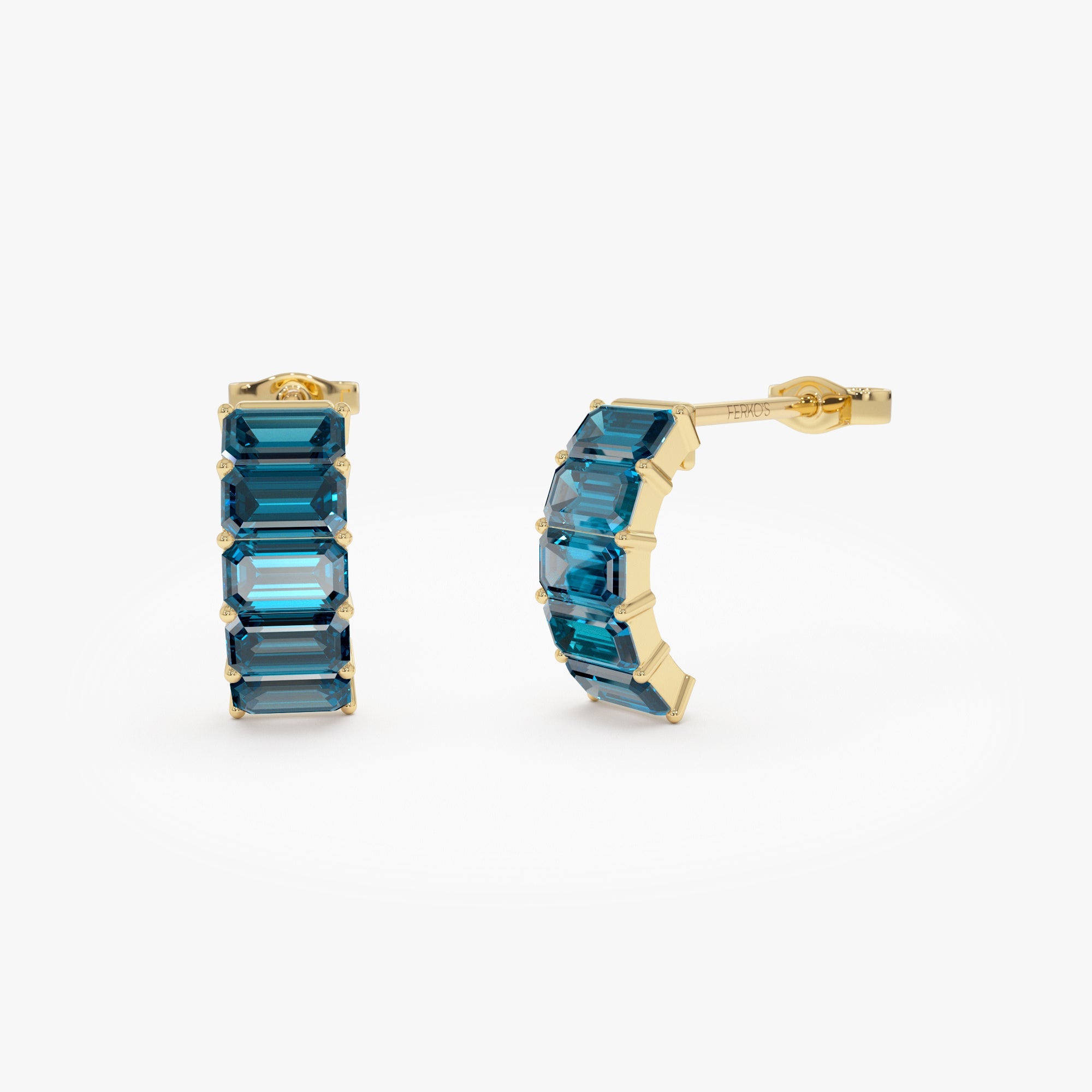OBFJ0804 - 14K Emerald Cut London Blue Topaz  Half Hoop Earrings 1