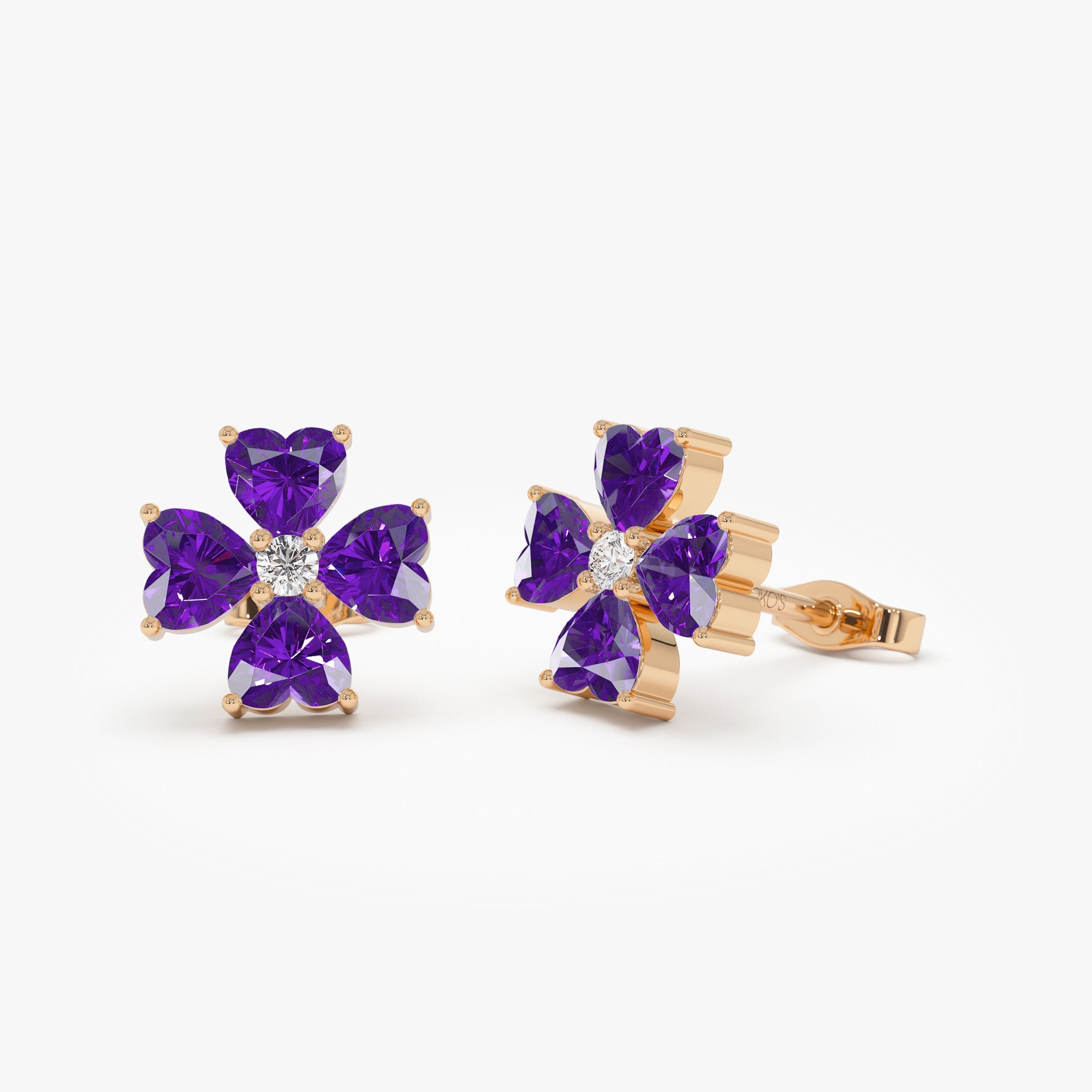OBFJ0799 - 14k Amethyst Four Leaf Clover Studs 3