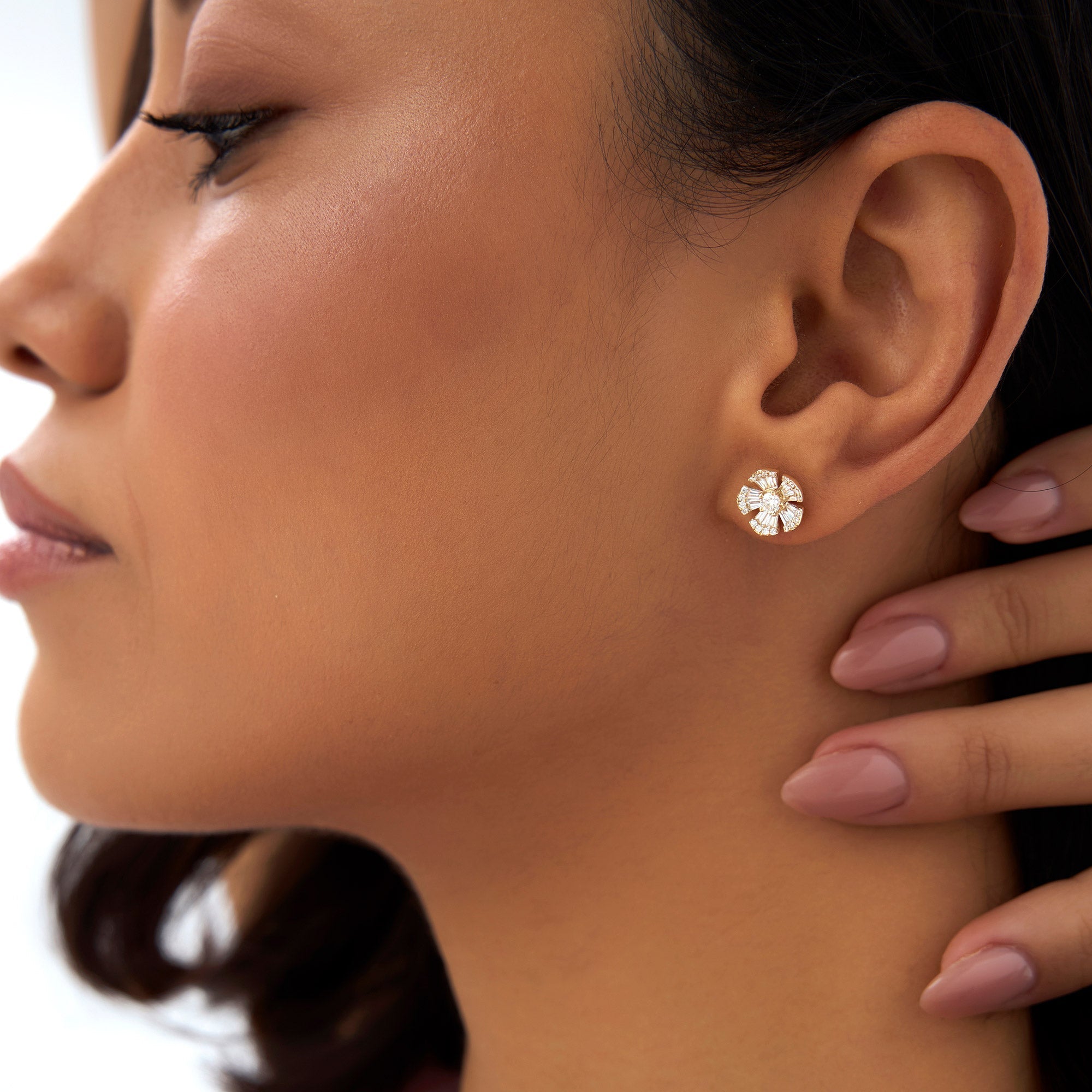 OBFJ0999 - 14k Baguette & Round Diamond Unique Flower Earrings 4