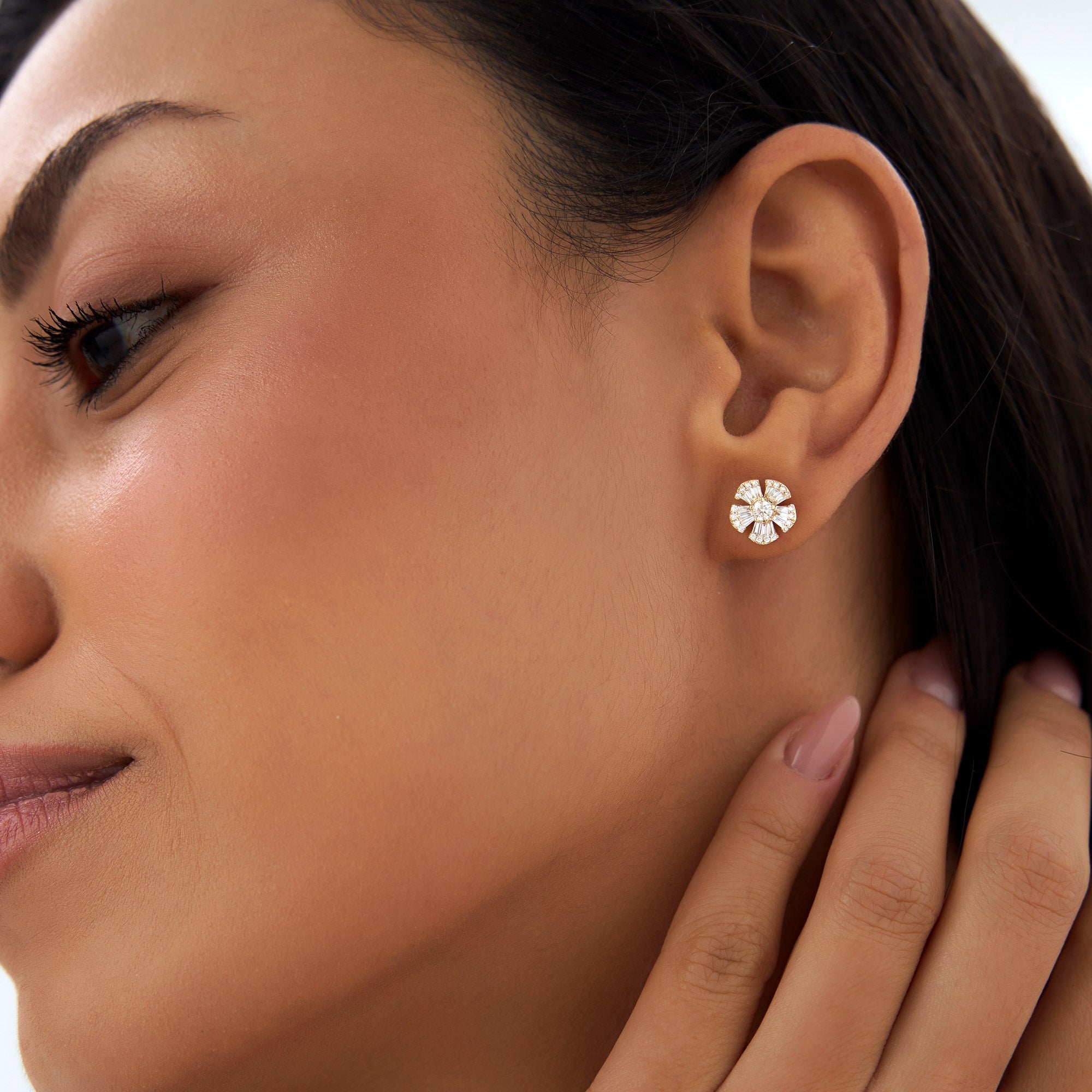 OBFJ0999 - 14k Baguette & Round Diamond Unique Flower Earrings 2