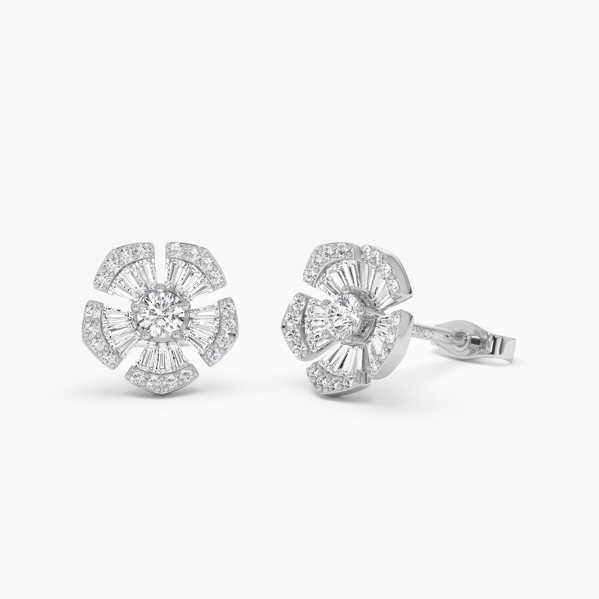 OBFJ0999 - 14k Baguette & Round Diamond Unique Flower Earrings 6