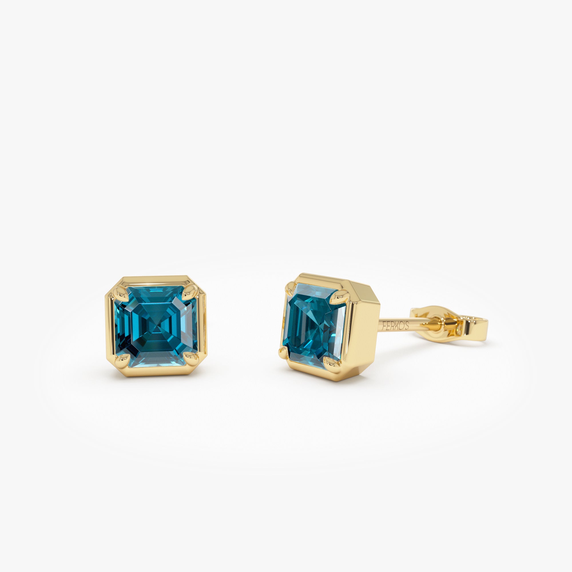 OBFJ0481 - 14K Asscher Cut London Blue Topaz Stud Earrings 1
