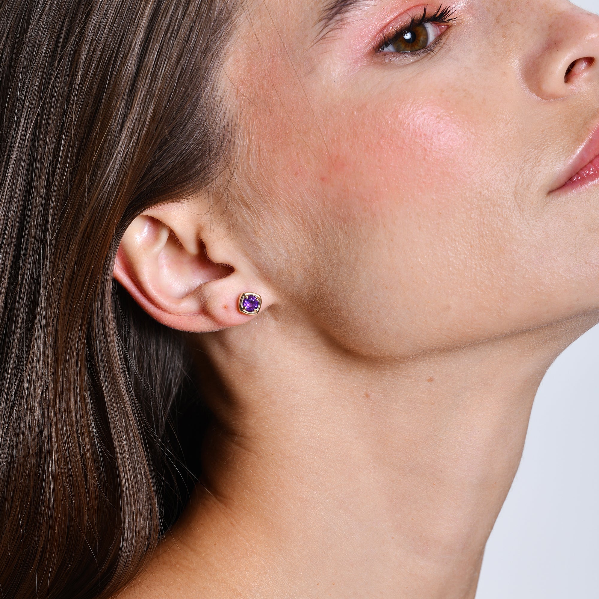 OBFJ0500 - 14K Cushion Shaped Round Amethyst Stud Earrings 2