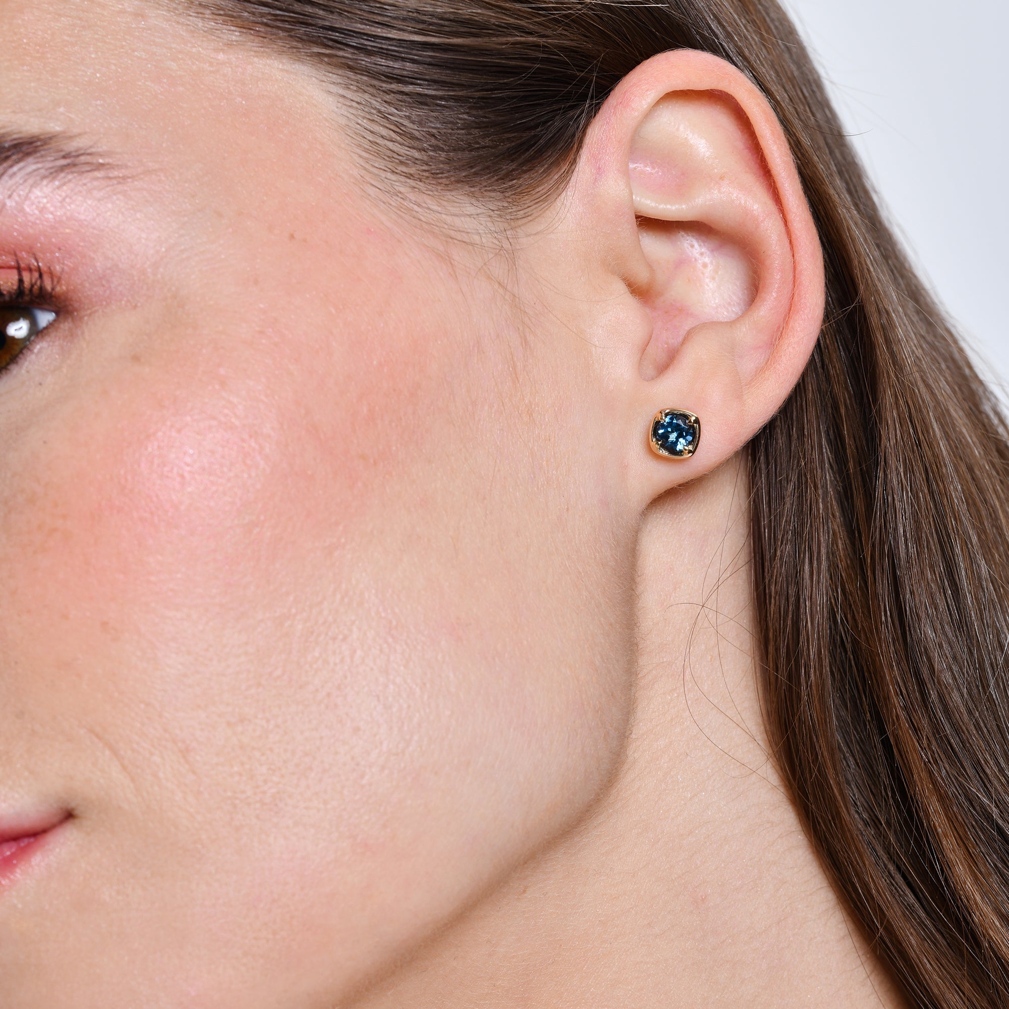 OBFJ0496 - 14K Cushion Shaped Round London Blue Topaz Stud Earrings 4