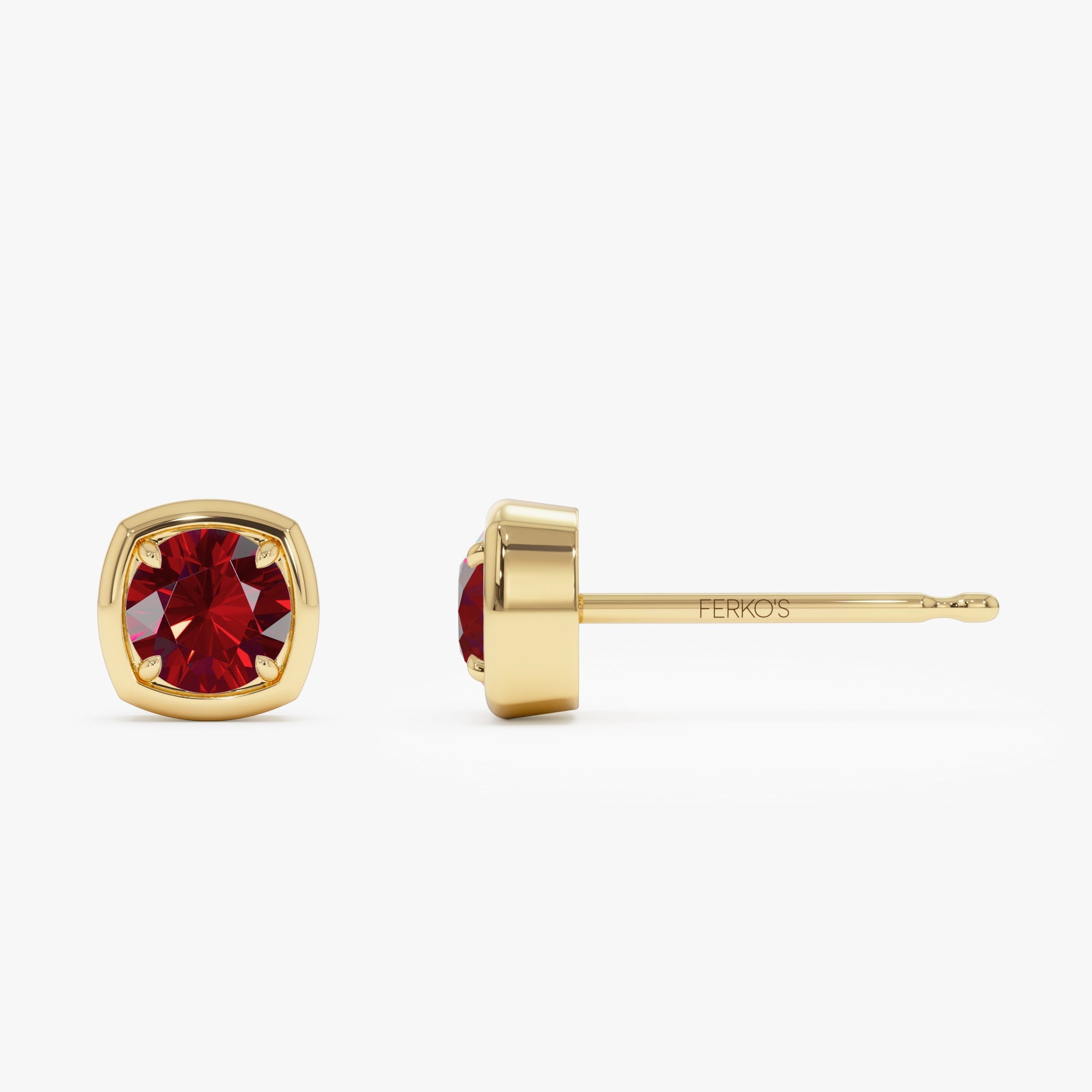 OBFJ0498 - 14K Cushion Shaped Round Garnet Stud Earrings 2