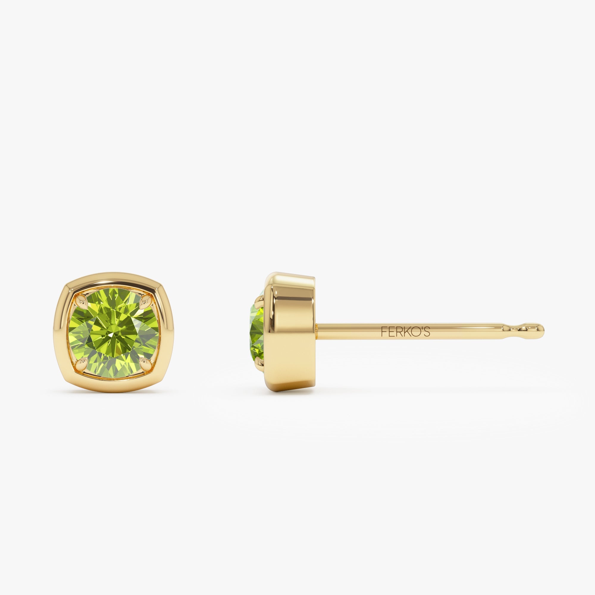 OBFJ0497 - 14K Cushion Shaped Round Peridot Stud Earrings 4