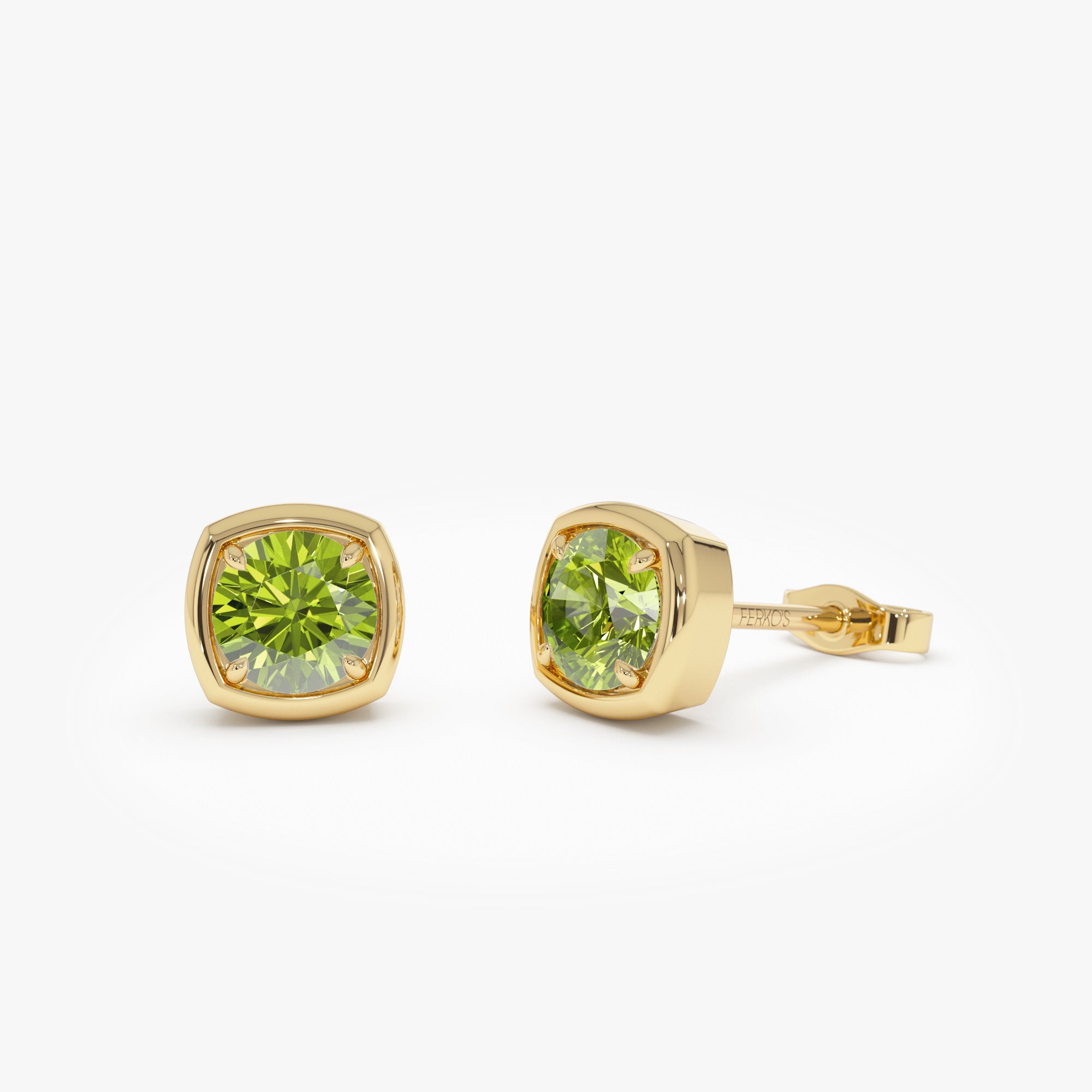 OBFJ0497 - 14K Cushion Shaped Round Peridot Stud Earrings 1
