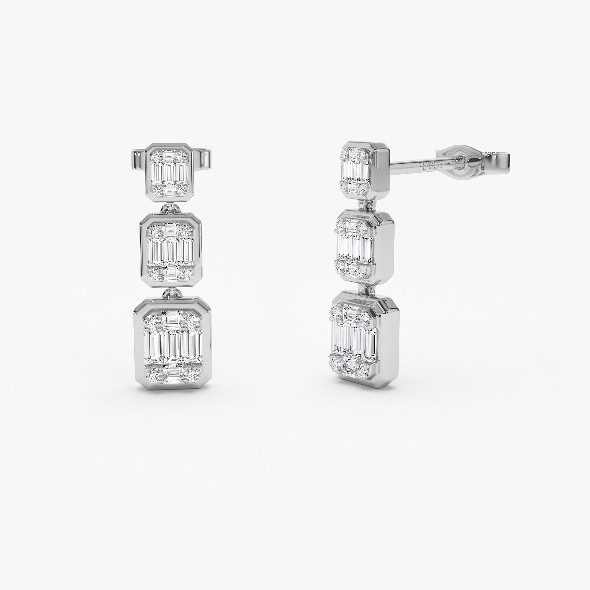 OBFJ0674 - 14k Baguette and Round Illusion Setting Diamond Drop Earrings 4