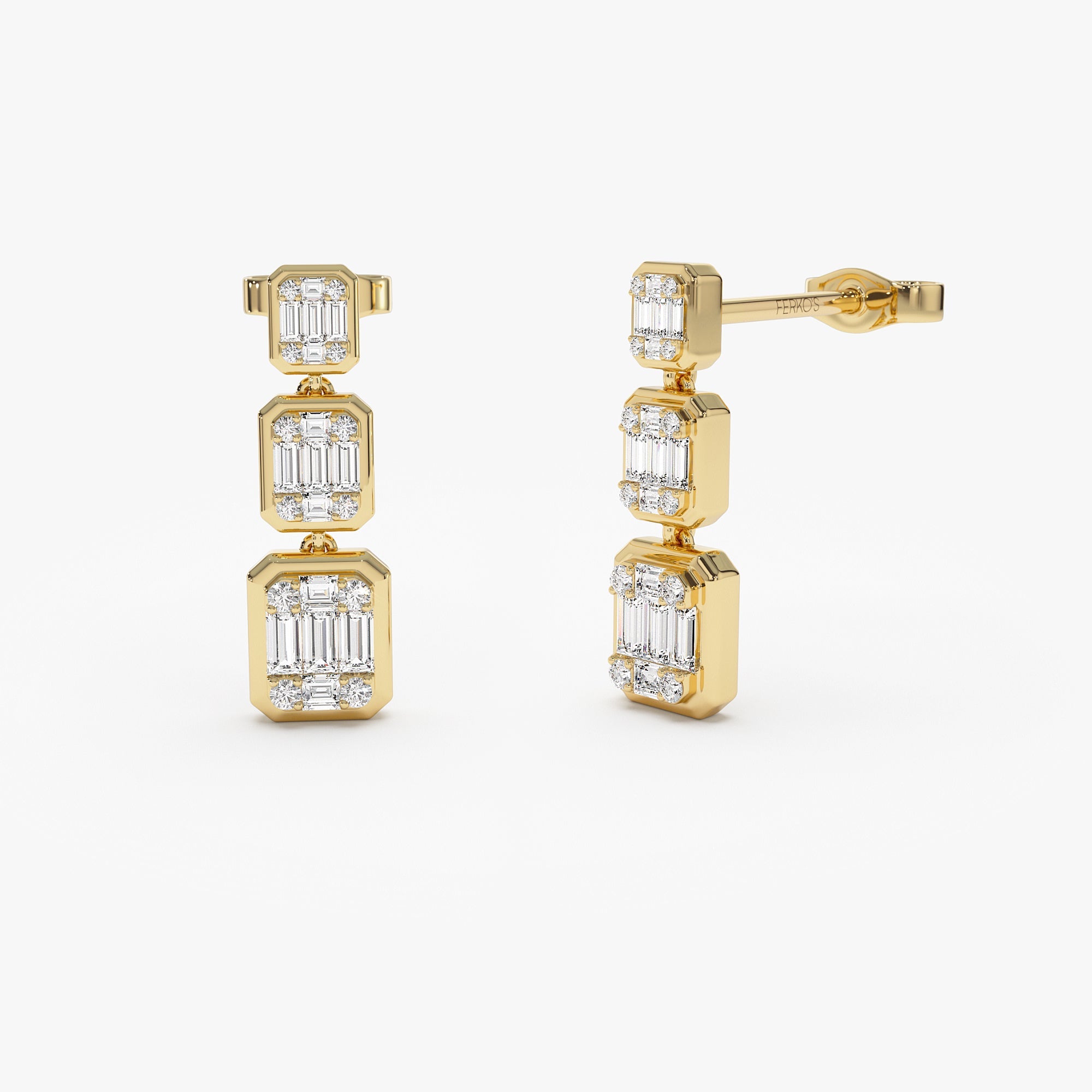 OBFJ0674 - 14k Baguette and Round Illusion Setting Diamond Drop Earrings 1
