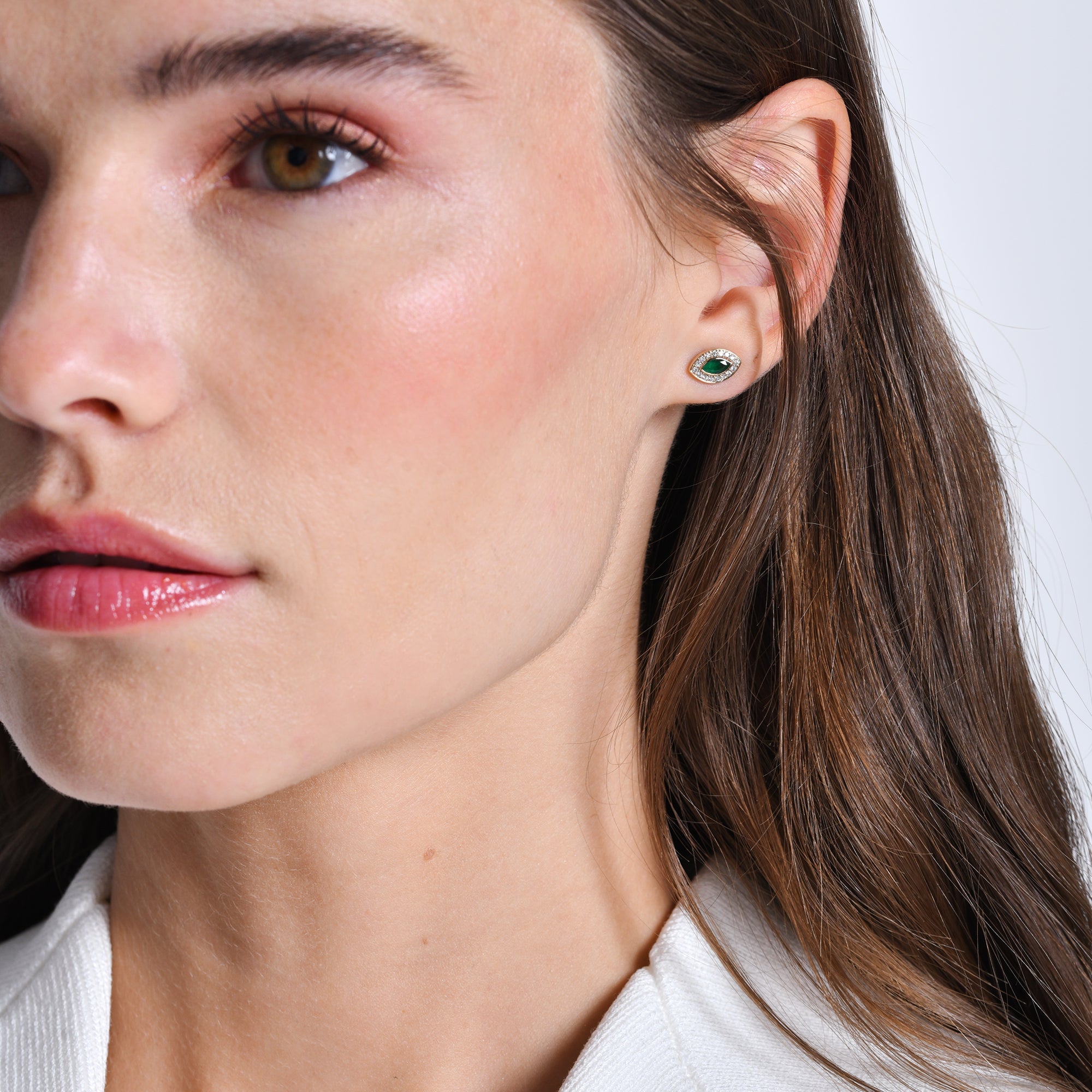 OBFJ0672 - 14k Marquise Emerald Diamond Halo Stud Earrings 4