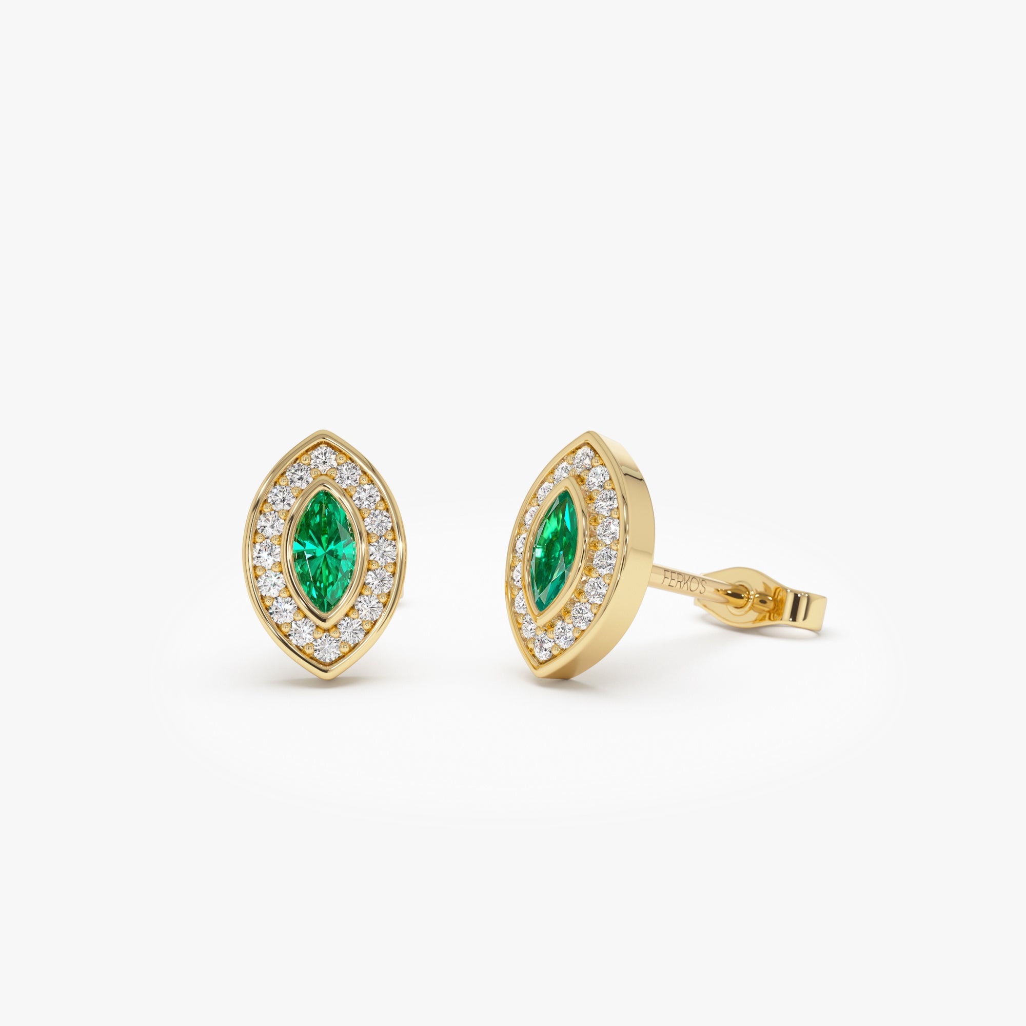 OBFJ0672 - 14k Marquise Emerald Diamond Halo Stud Earrings 1