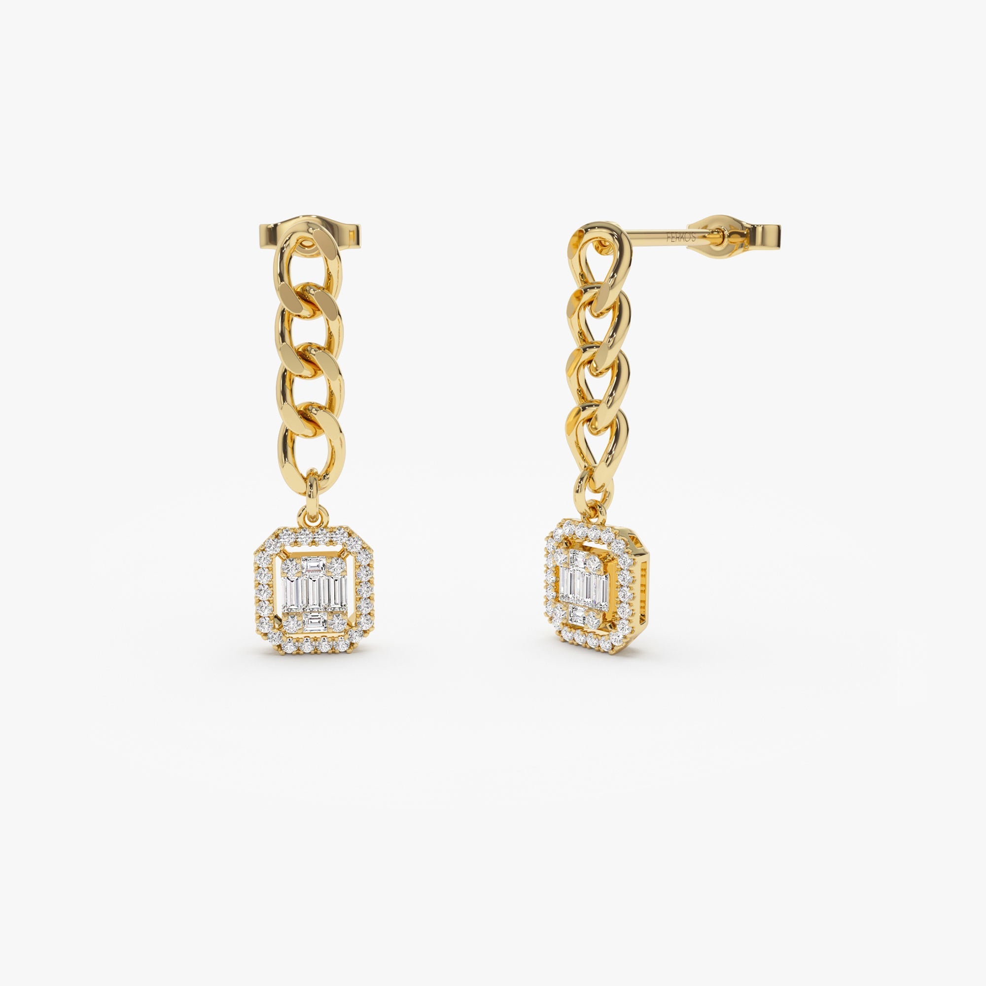 OBFJ0664 - 14k Baguette Diamond Halo Chain Earrings 1