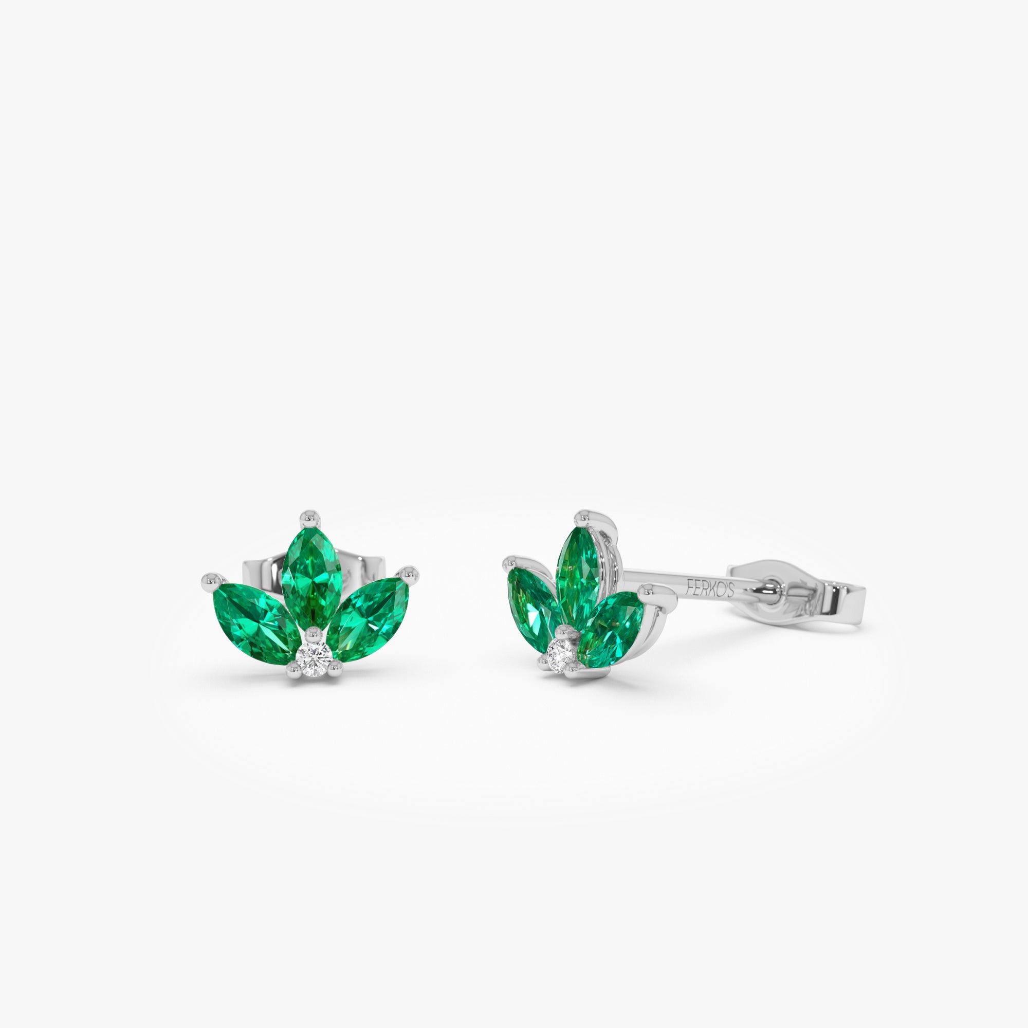 OBFJ0656 - 14k Emerald Petal and Diamond Stud Earrings 4
