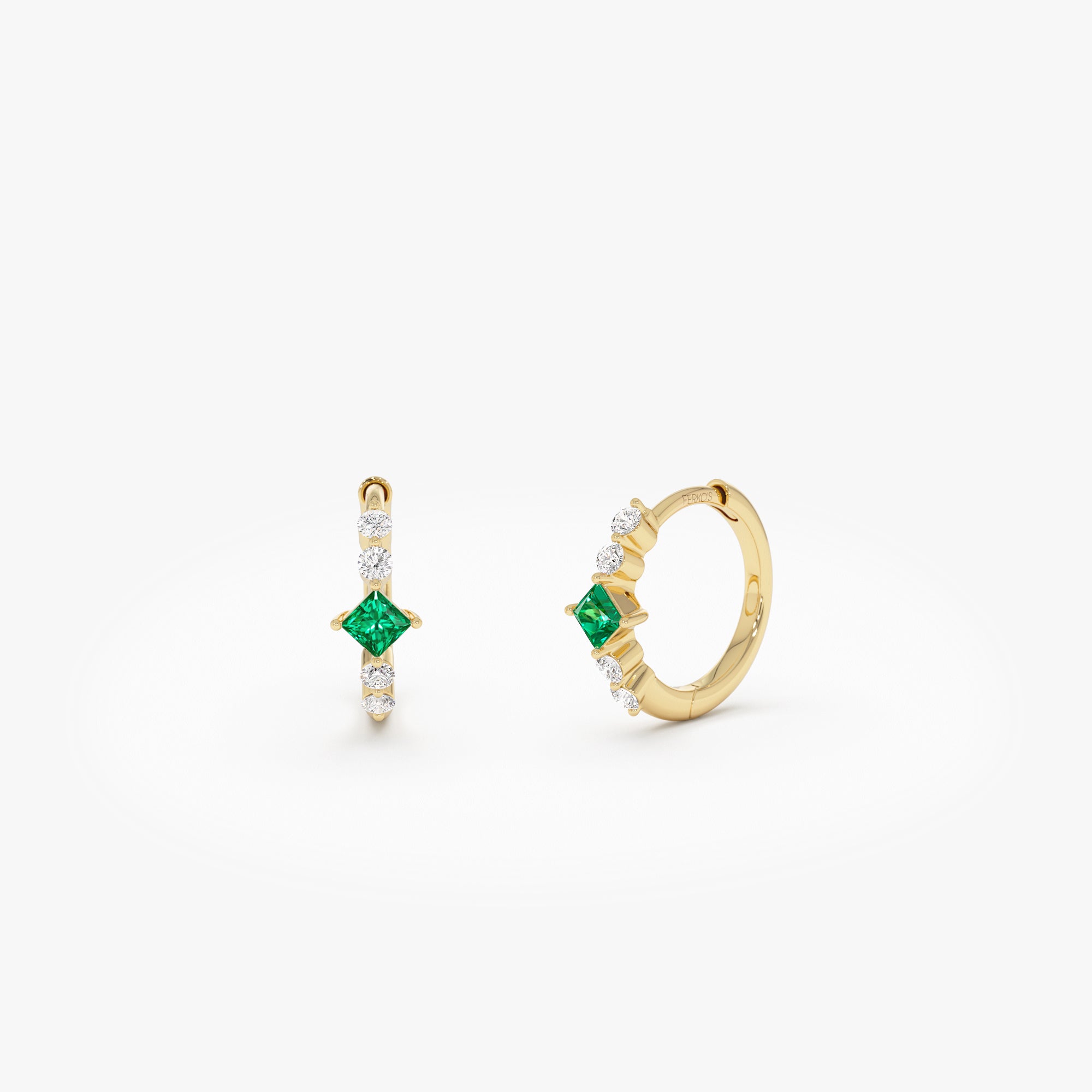 OBFJ0627 - 14k Princess Cut Emerald and Diamond Hoop Earrings 1