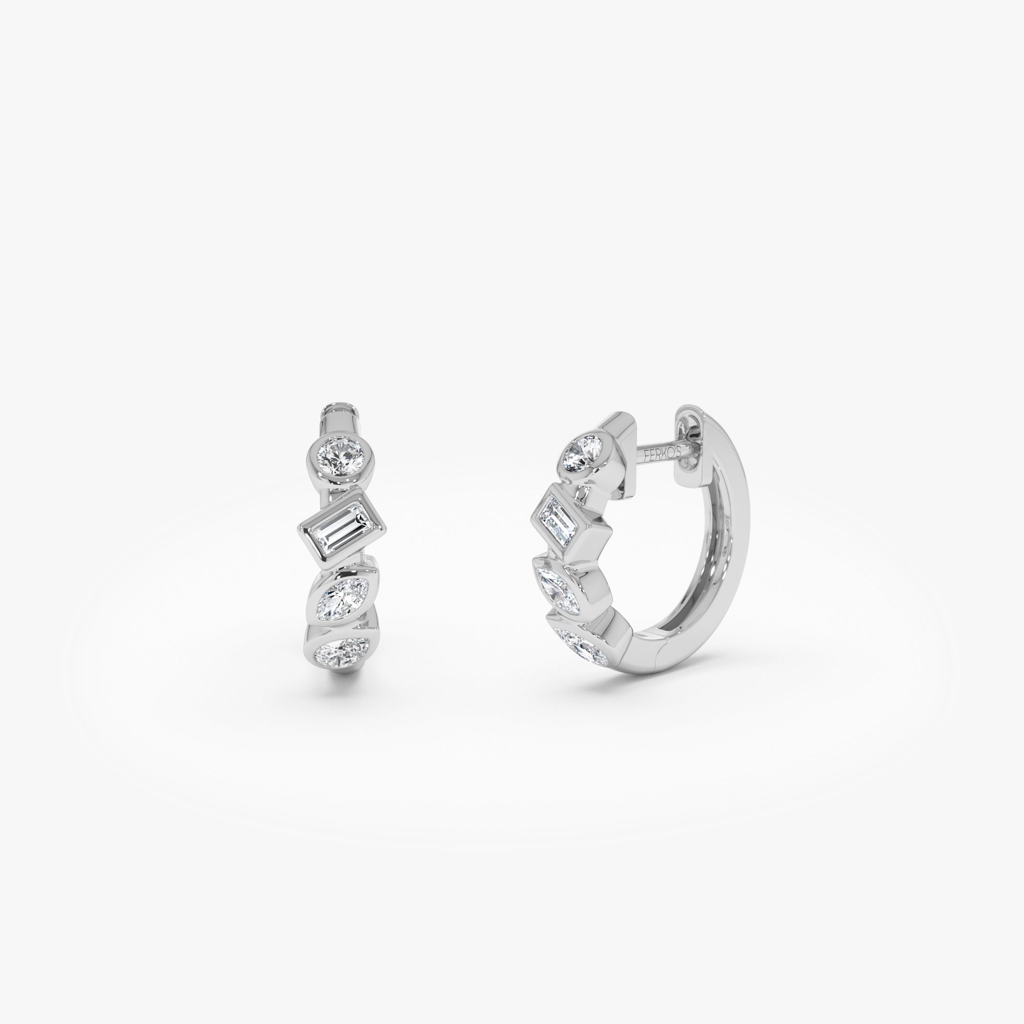 OBFJ0621 - 14k Diamond Hoop Earrings Gold Huggies with Mixed Cuts 8