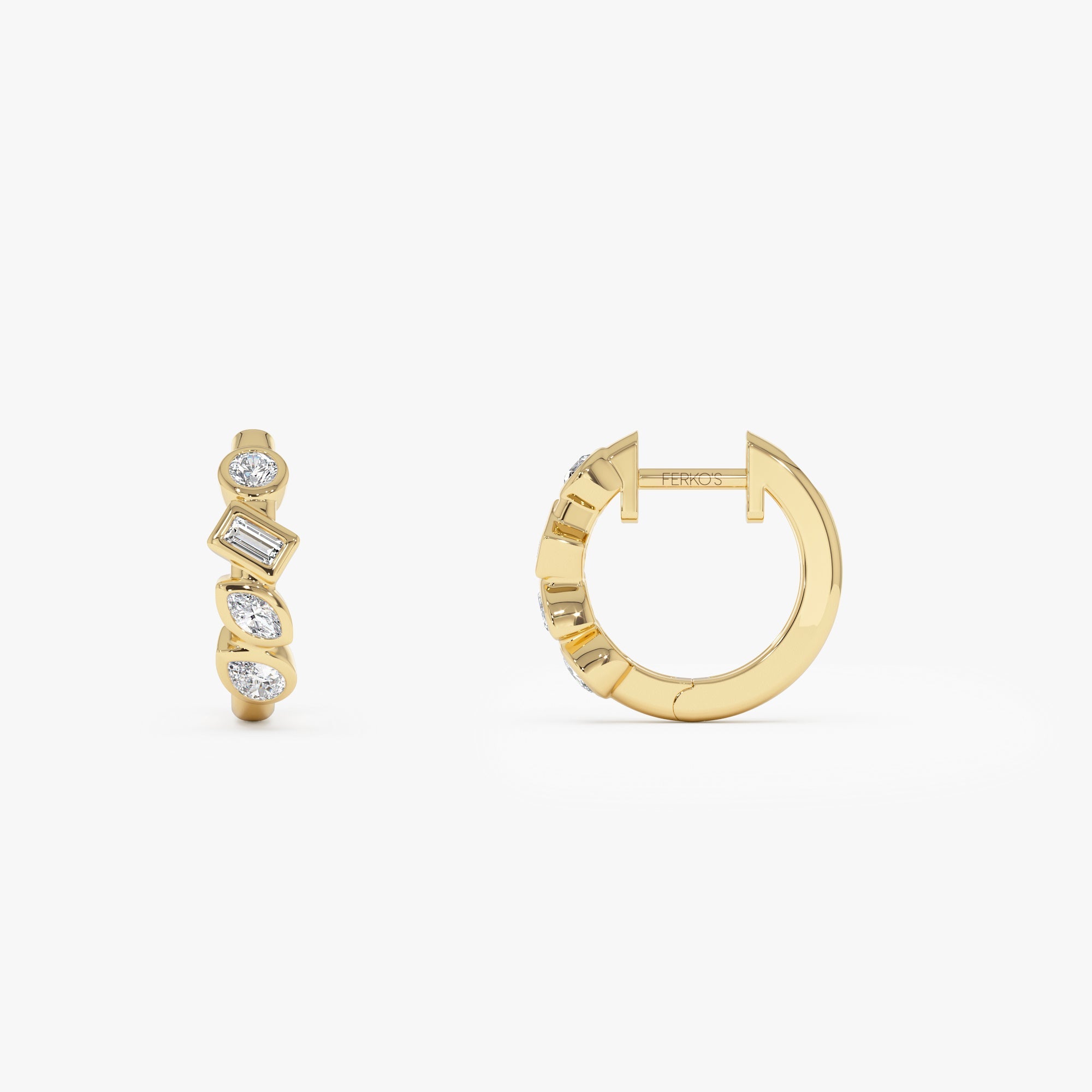 OBFJ0621 - 14k Diamond Hoop Earrings Gold Huggies with Mixed Cuts 9