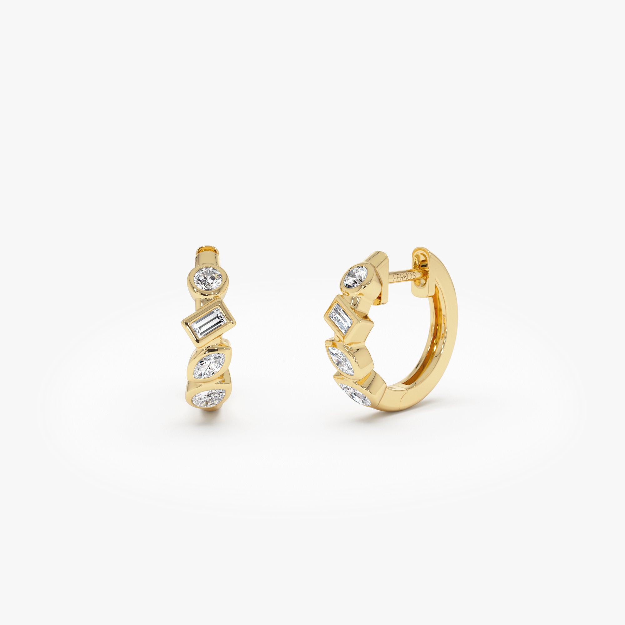 OBFJ0621 - 14k Diamond Hoop Earrings Gold Huggies with Mixed Cuts 1