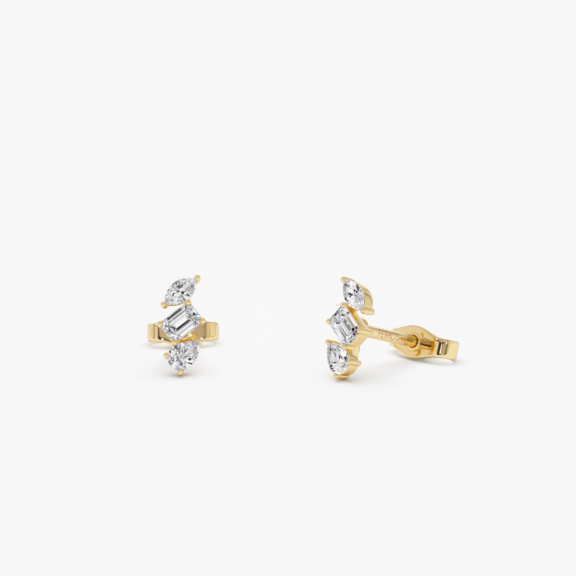 OBFJ0622 - 14k Emerald Cut Marquise and Pear Shaped Diamond Studs 1