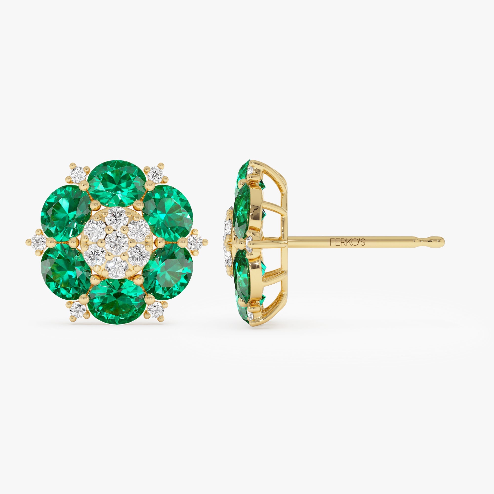 OBFJ0369 - 4.70 Ctw 14k Lab Grown  Emerald and Diamond Cluster Stud Earrings - Brina 7