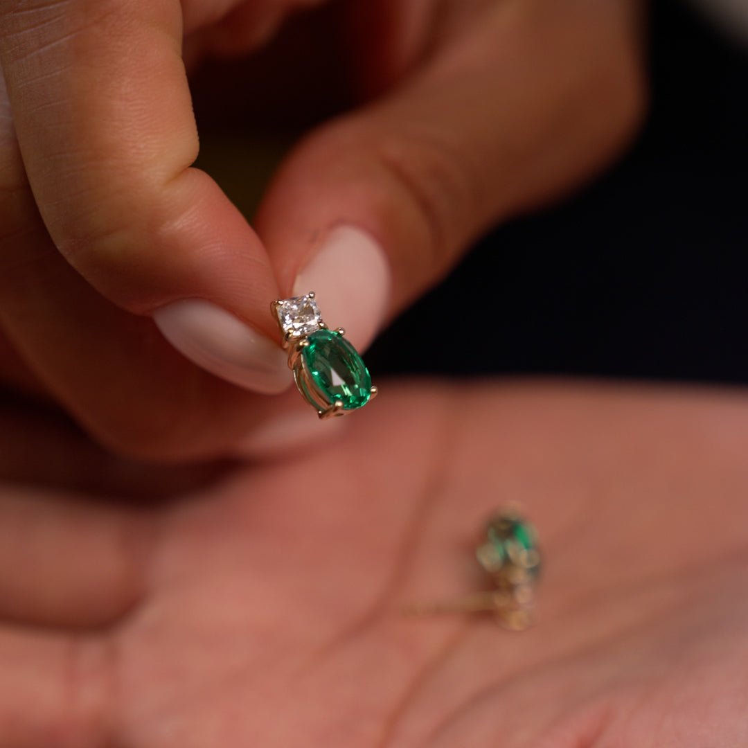 OBFJ0377 - 3.00 Ctw 14k Lab Grown Colombian Emerald and Diamond Two-Stone Stud Earrings - Doria 2