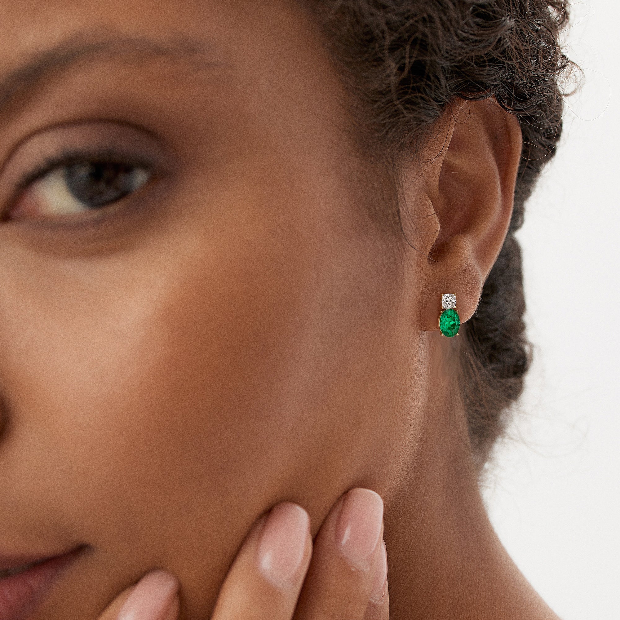 OBFJ0377 - 3.00 Ctw 14k Lab Grown Colombian Emerald and Diamond Two-Stone Stud Earrings - Doria 6