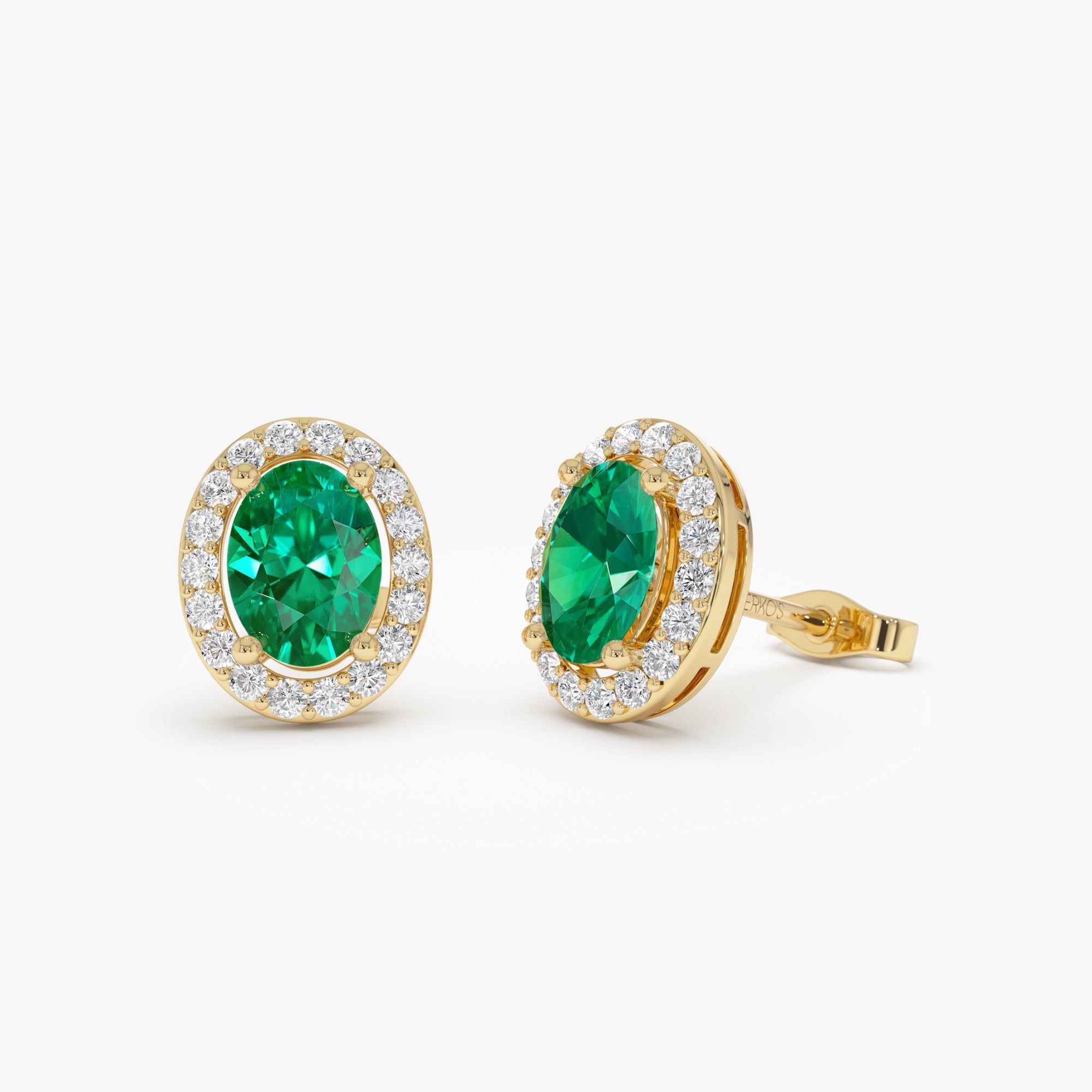 OBFJ0365 - 1.86 Ctw 14k Lab Grown Emerald and Diamond Oval Halo Stud Earrings - Edda 1