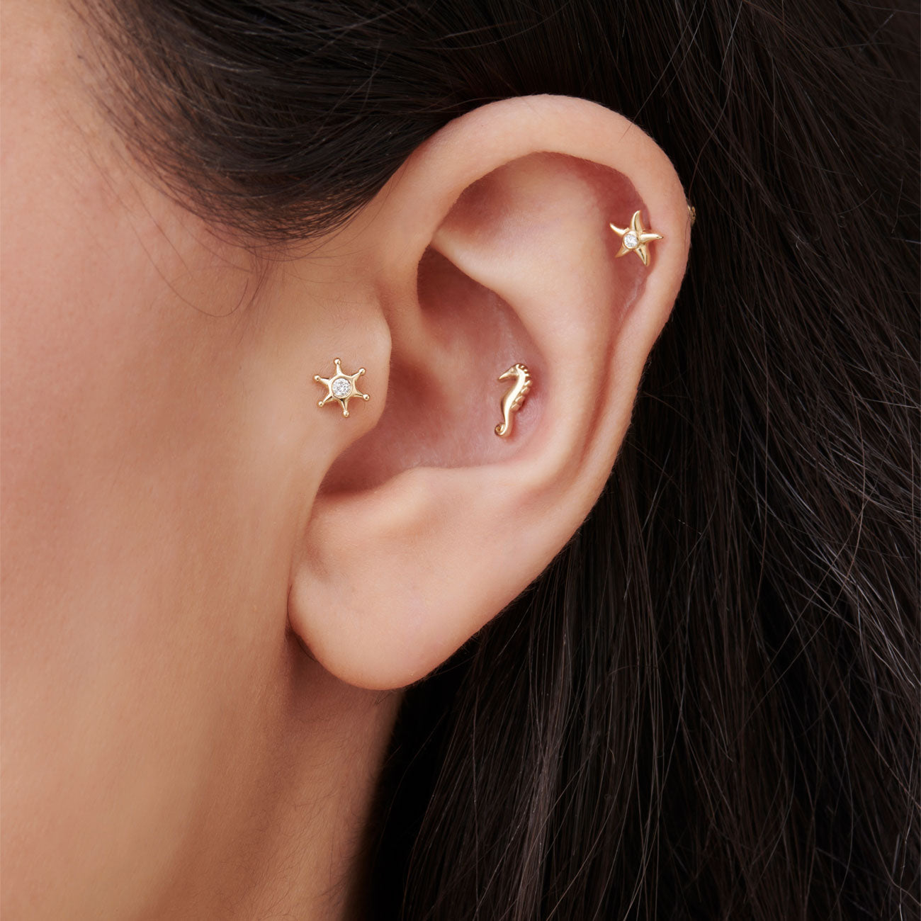 OBFJ0292 - 14K Gold Diamond Star Flat Back Piercing Stud 2