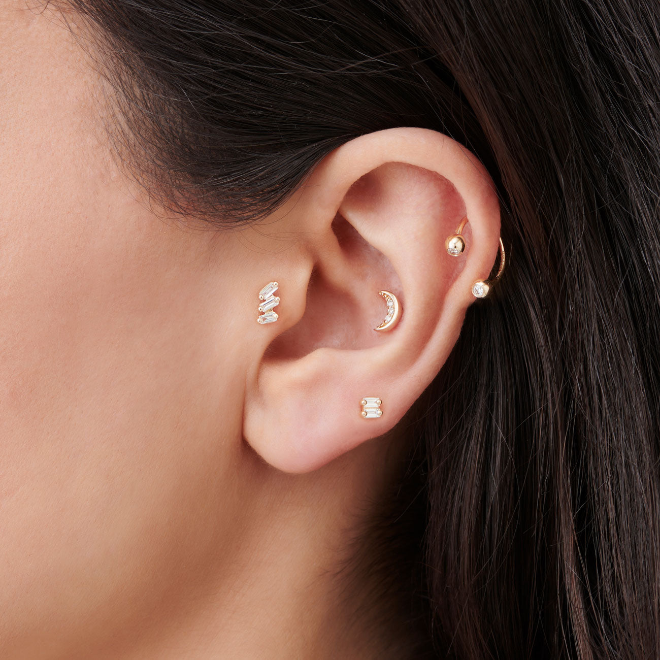 OBFJ0291 - 14K Gold Double Baguette Diamond Flat Back Piercing Stud 2