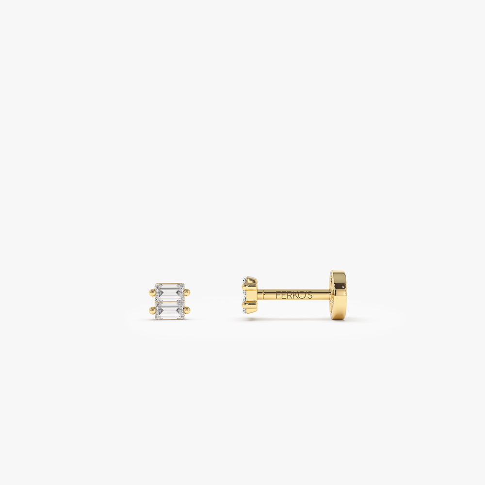 OBFJ0291 - 14K Gold Double Baguette Diamond Flat Back Piercing Stud 1