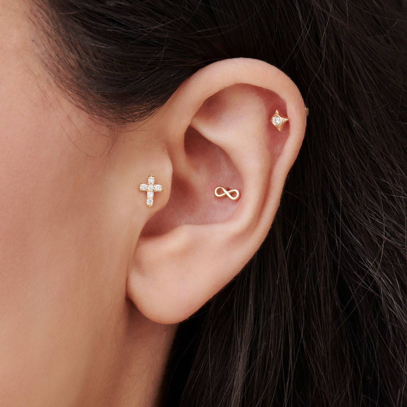 OBFJ0290 - 14K Gold Diamond Cross Flat Back Piercing Stud 2