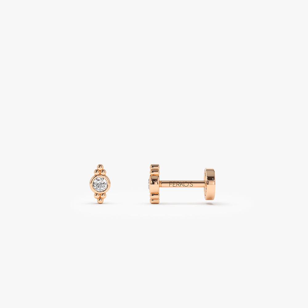 OBFJ0276 - 14K Gold Bezel Diamond Flat Back Stud with Milgrain Detail 2