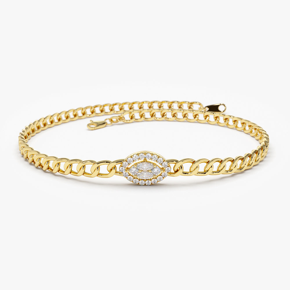 OBFJ2172 - 14k Gold Curb Link Marquise Diamond Illusion Setting Bracelet 1
