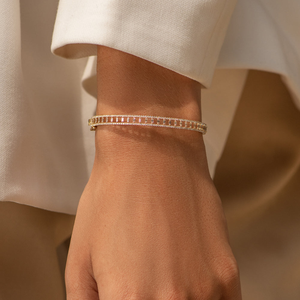 OBFJ1519 - 14K Baguette & Round Diamond Bangle Bracelet 6