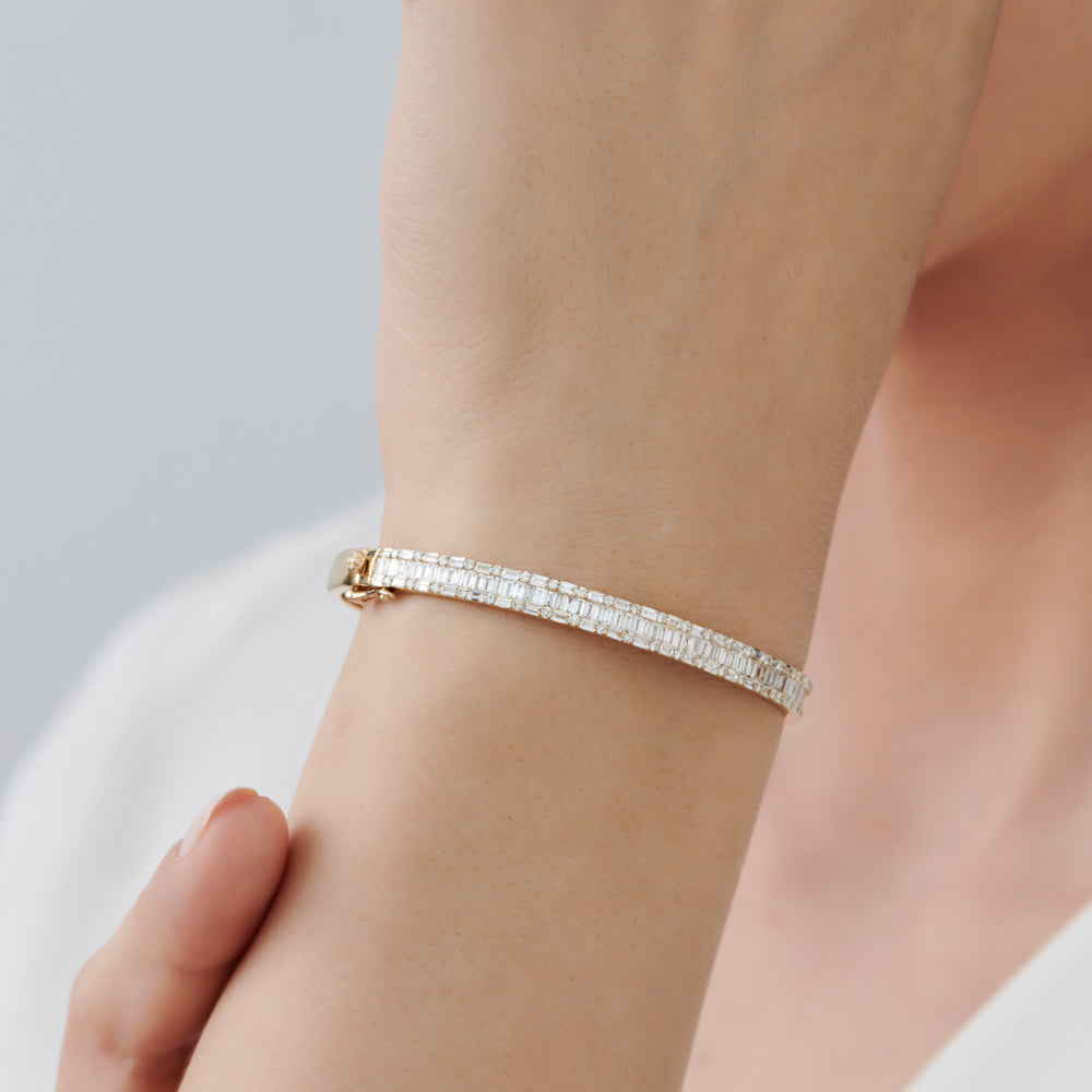 OBFJ1452 - 14k Baguette and Round Brilliant Micro Pave Statement Bangle Bracelet 6