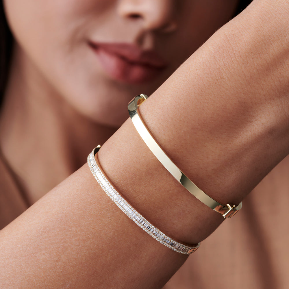OBFJ1452 - 14k Baguette and Round Brilliant Micro Pave Statement Bangle Bracelet 8