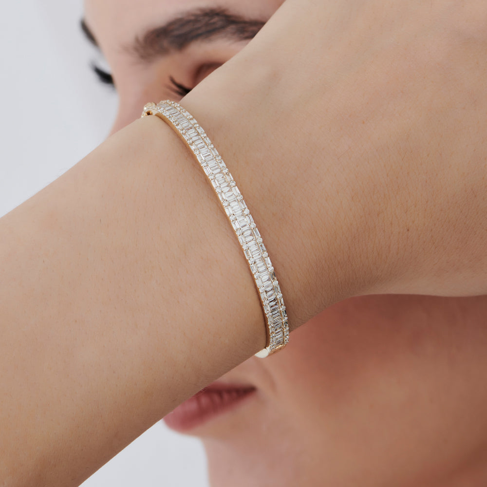 OBFJ1452 - 14k Baguette and Round Brilliant Micro Pave Statement Bangle Bracelet 2