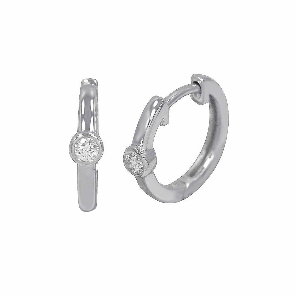 OBFJ0045 - 14K White Gold Round Diamond Bezel Huggies 1