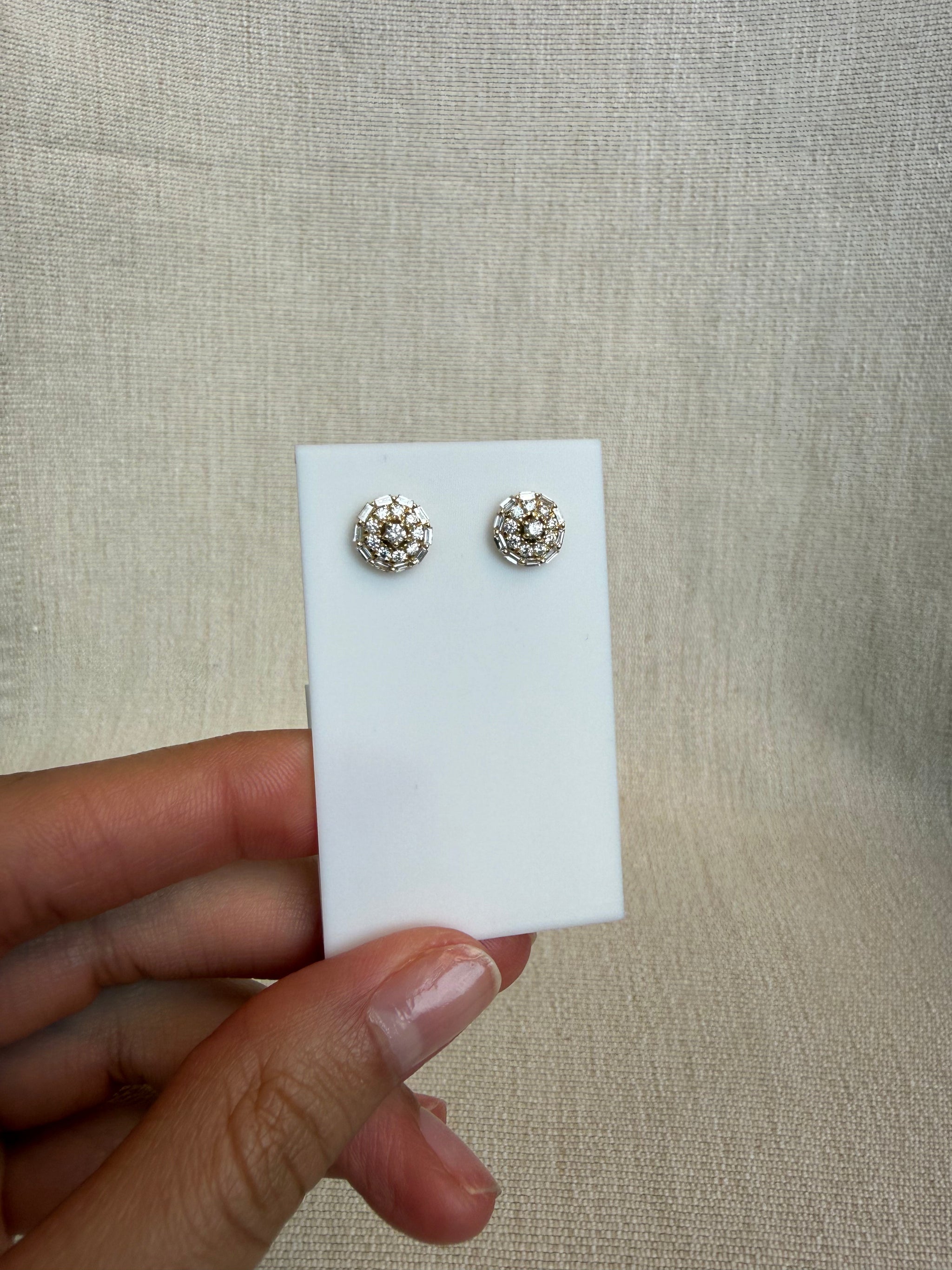 OBFJ0056 - 14k Gold Baguette Halo and Cluster Round Diamond Stud Earrings 3