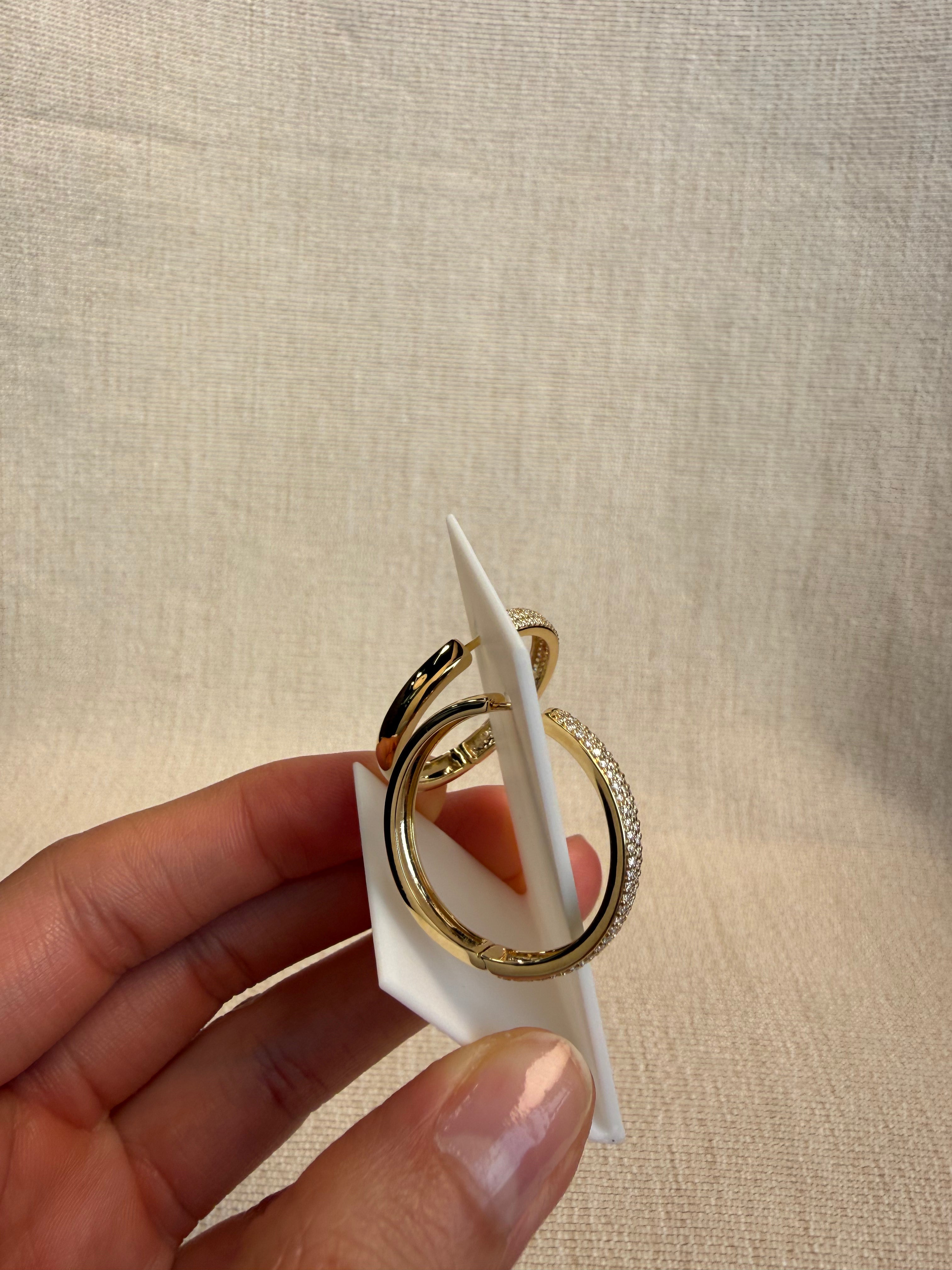 OBFJ0055 - 14k Gold Three Row Shared prongs Hoops 4