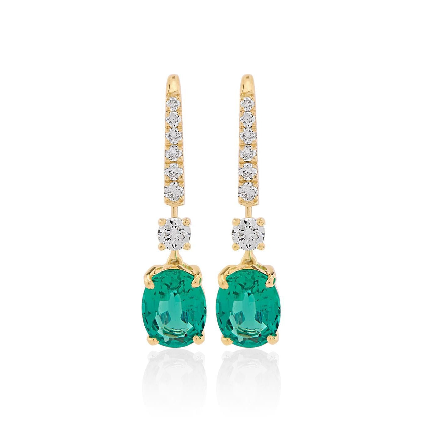 OBFJ0088 - 14K Gold Oval Emerald and Round Diamond Statement Drop Earring 1