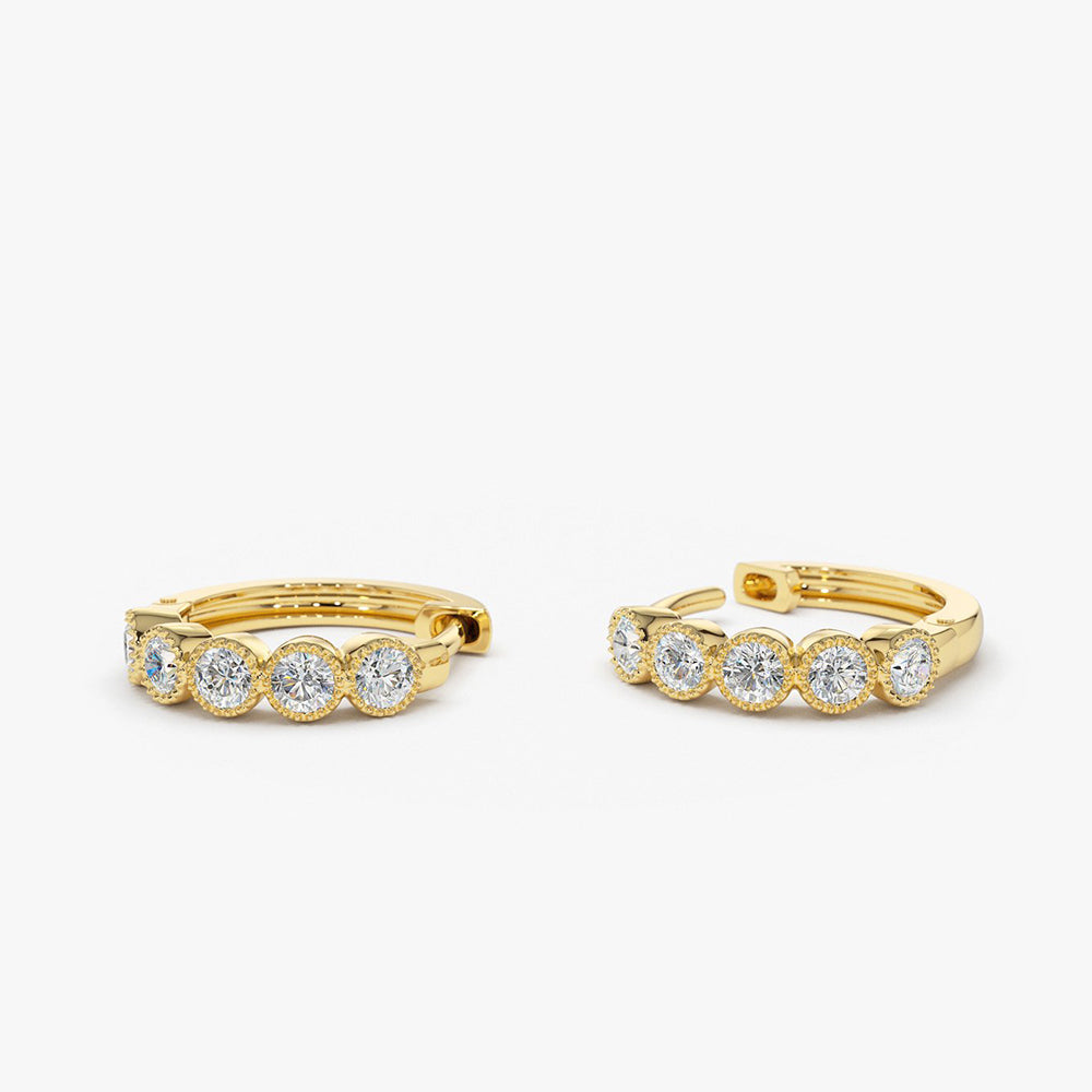 OBFJ1873 - 14K Gold Bezel Setting Diamond Huggie Earrings 9