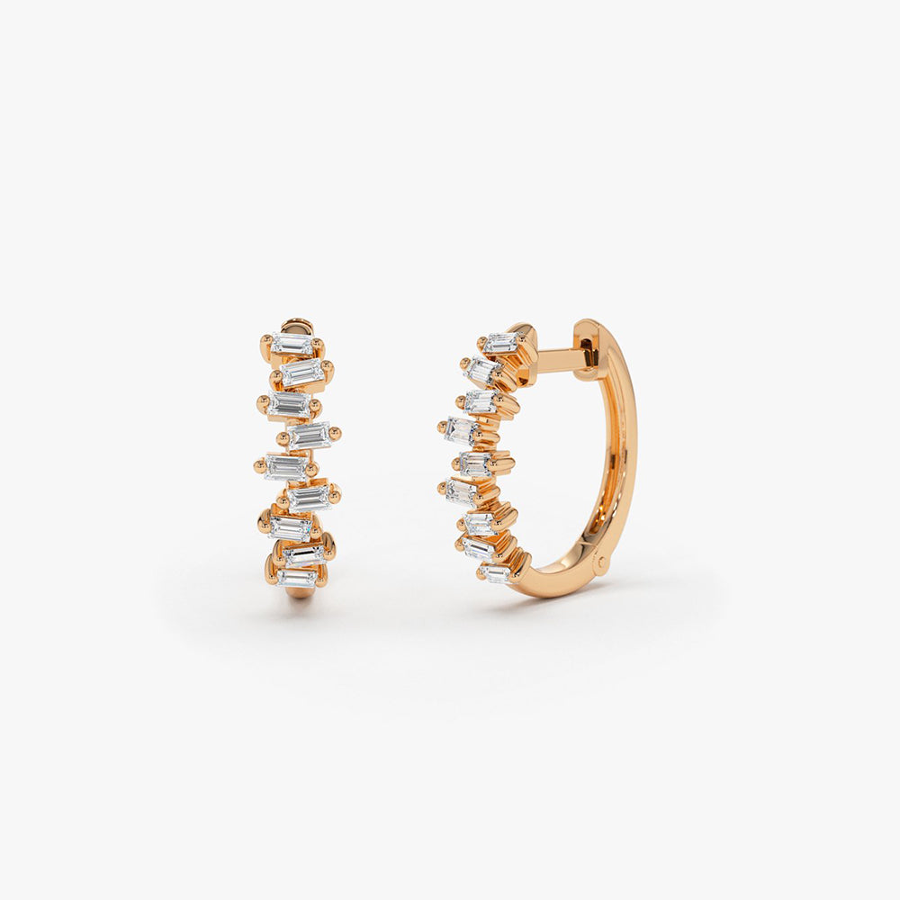 OBFJ0143 - 14K Rose Gold Horizontal Set Mini Baguette Diamond Huggie 1