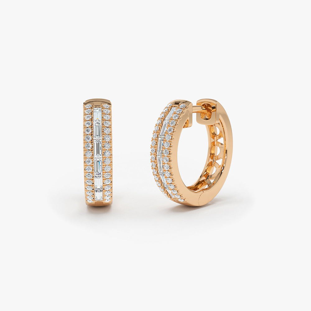 OBFJ1900 - 14K Pave Diamonds and Baguette Hoop Earrings 7