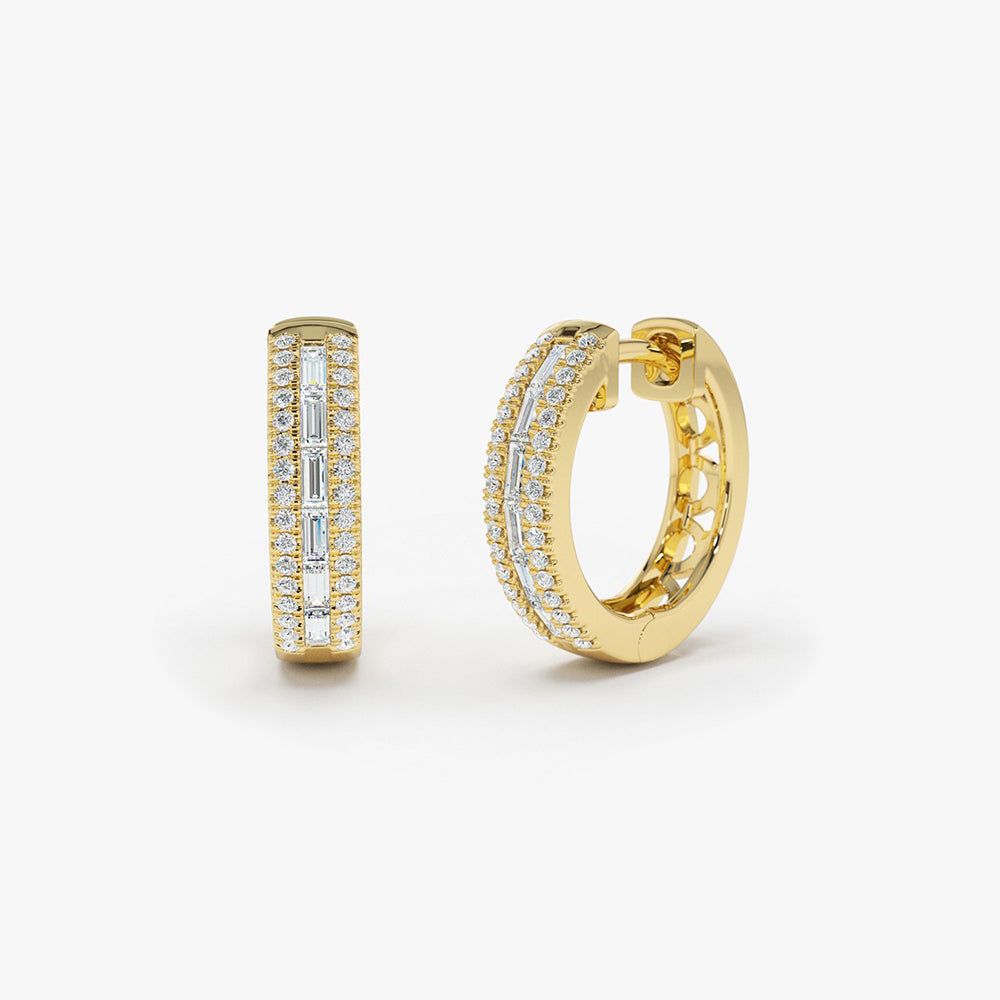 OBFJ1900 - 14K Pave Diamonds and Baguette Hoop Earrings 1