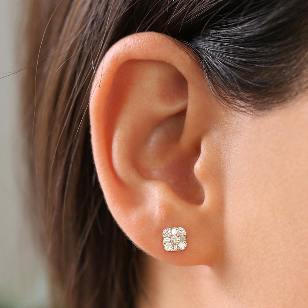 OBFJ0151 - 14k Rose Square Baguette and Round Diamond Earrings 3