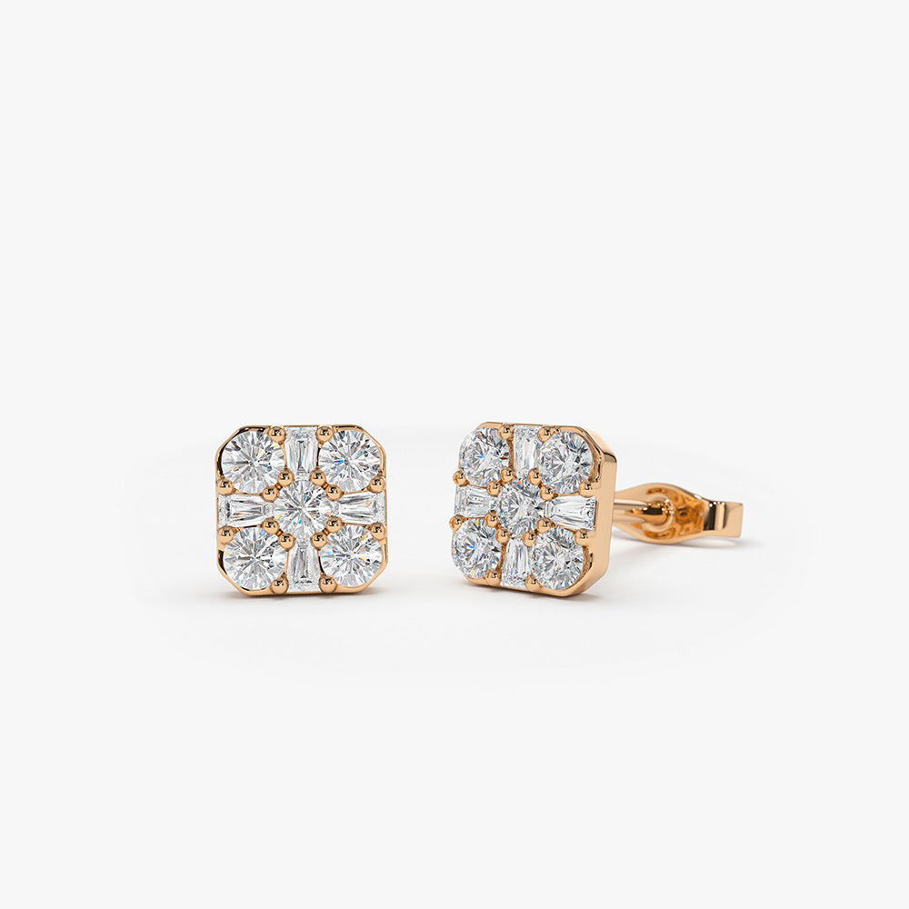 OBFJ0151 - 14k Rose Square Baguette and Round Diamond Earrings 1
