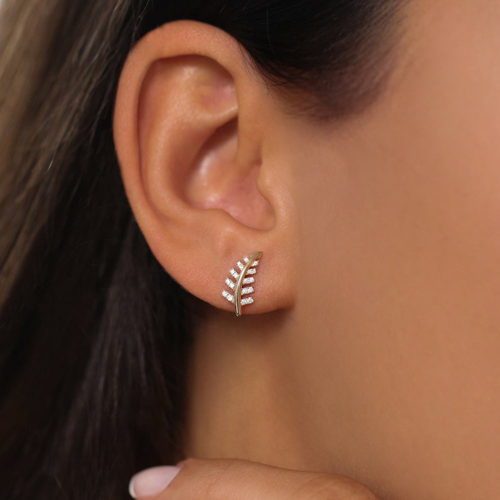 OBFJ1939 - 14k Gold Diamond Leaf Earrings 2