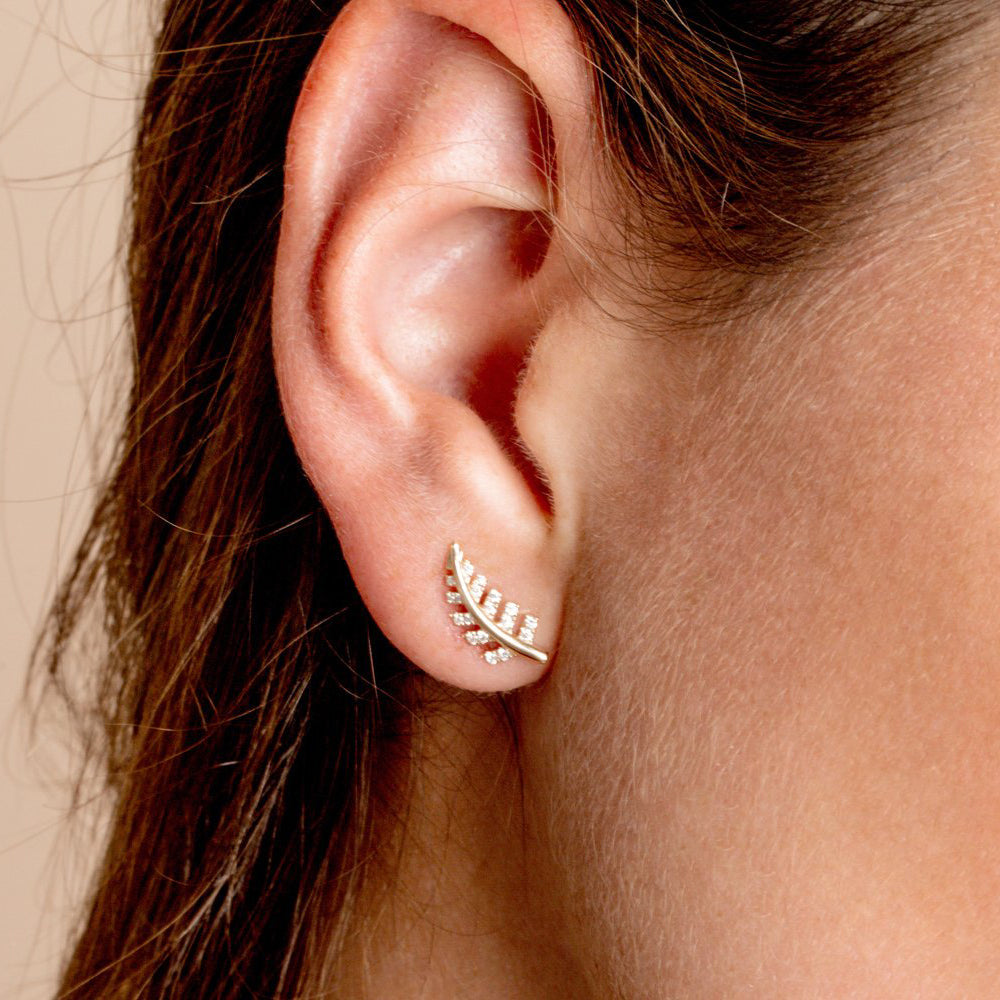 OBFJ1939 - 14k Gold Diamond Leaf Earrings 3