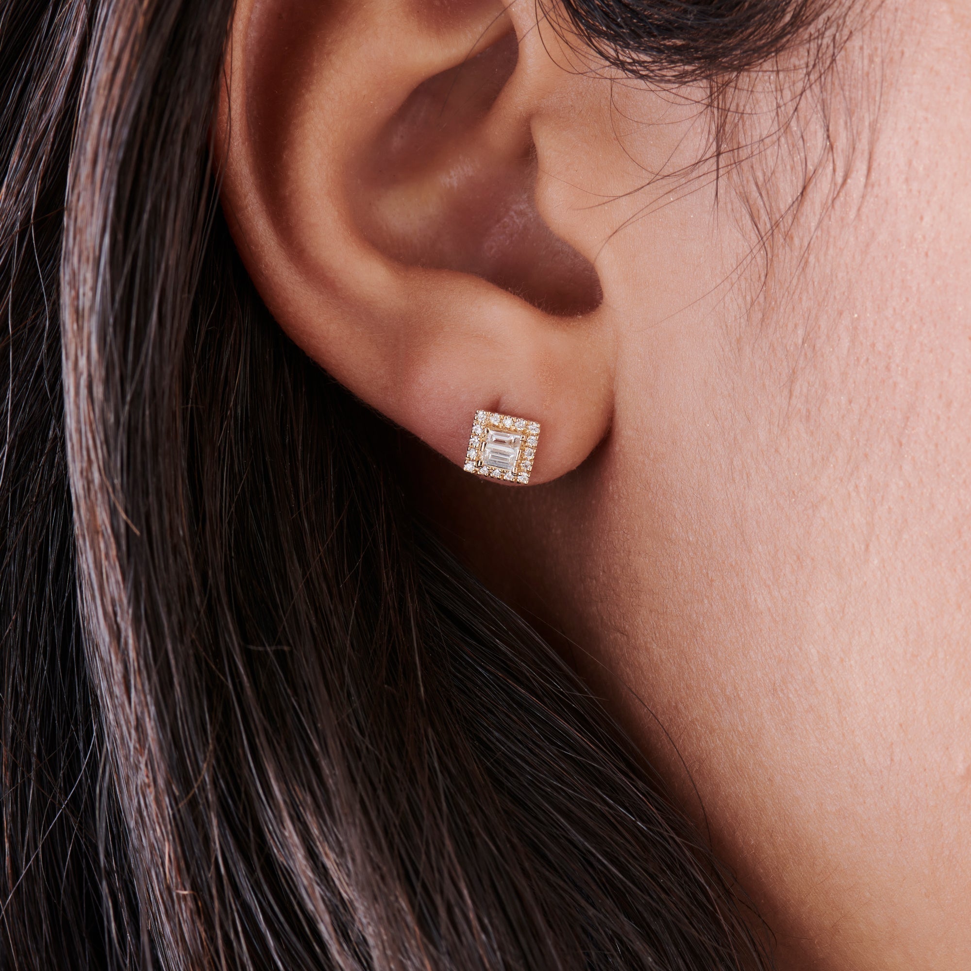 OBFJ0124 - 14k Rose Baguette Diamond Studs in Halo Setting 4